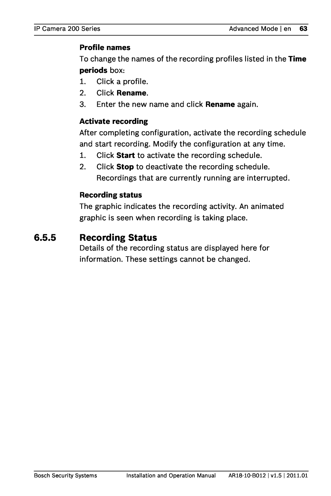 Bosch Appliances NDC-265-P operation manual Recording Status, Profile names, Activate recording, Recording status 