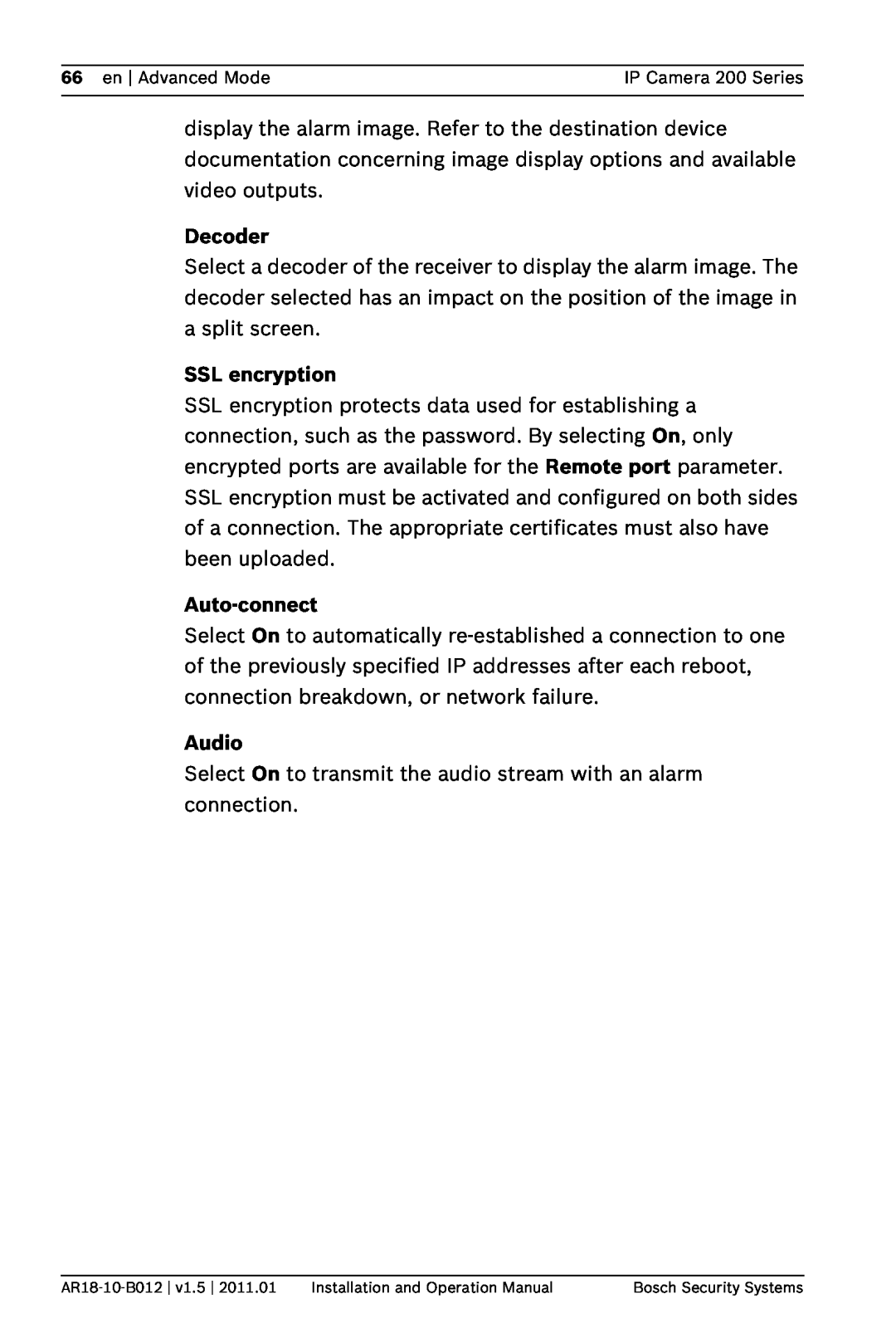 Bosch Appliances NDC-265-P operation manual Decoder, SSL encryption, Auto-connect, Audio 