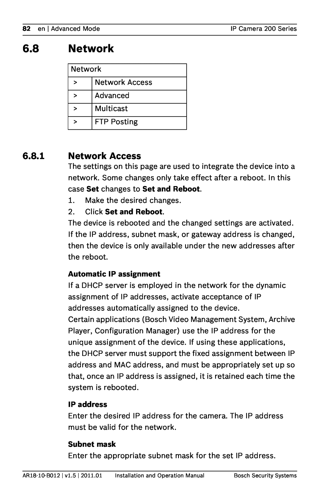 Bosch Appliances NDC-265-P Network Access, Automatic IP assignment, Click Set and Reboot, IP address, Subnet mask 