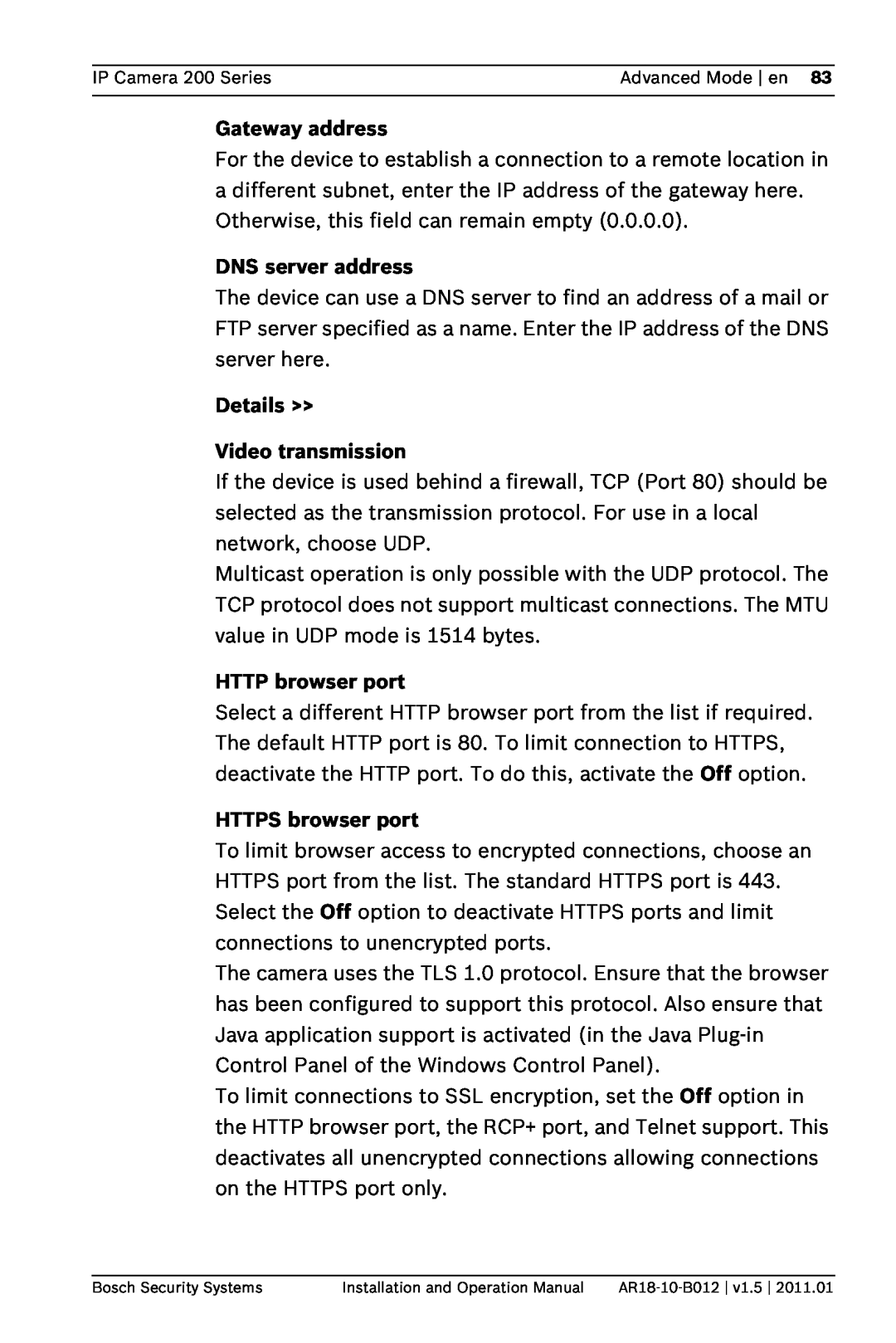 Bosch Appliances NDC-265-P DNS server address, Details Video transmission, HTTP browser port, HTTPS browser port 