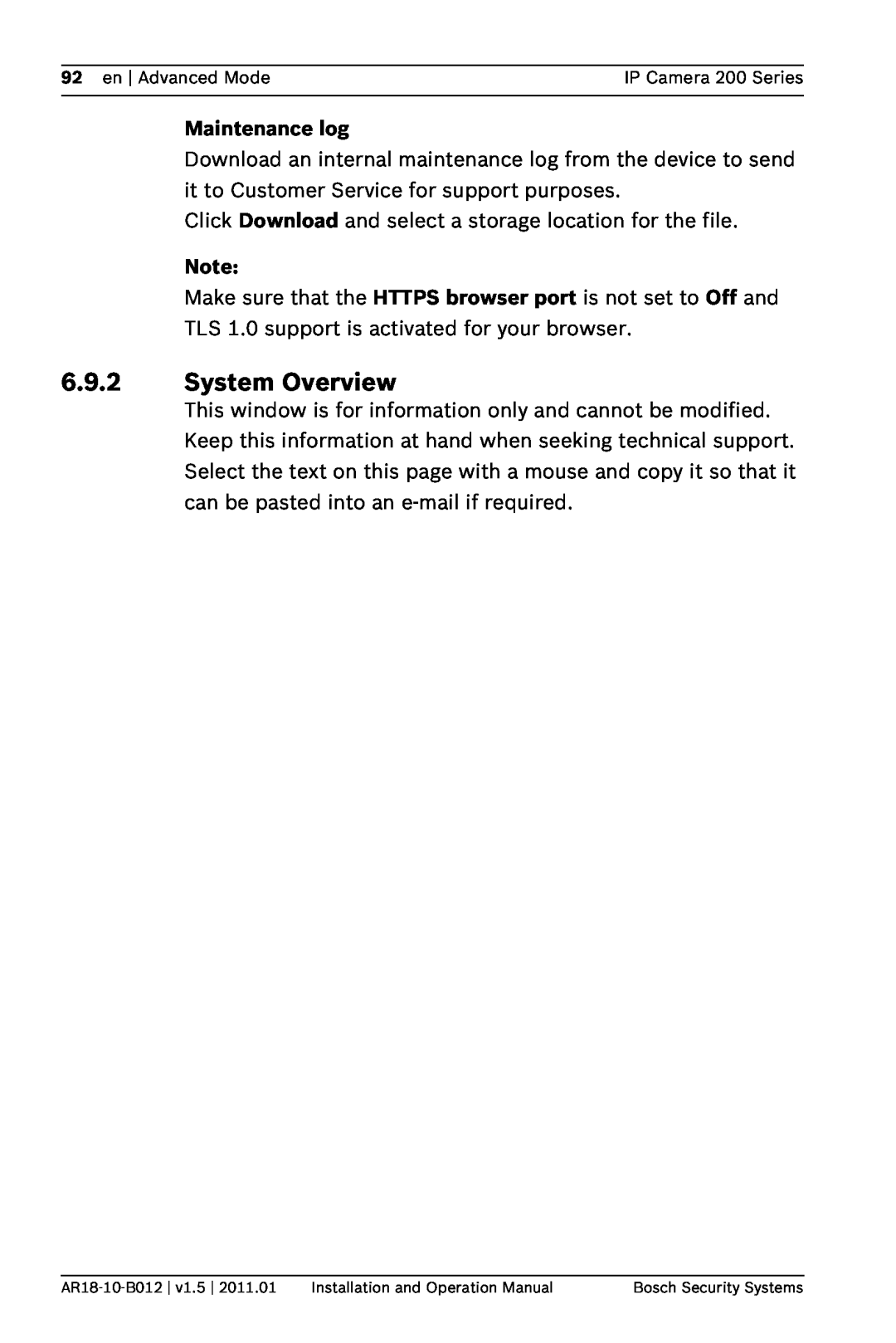 Bosch Appliances NDC-265-P operation manual System Overview, Maintenance log 