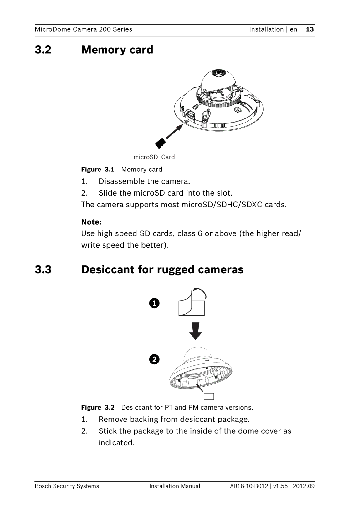 Bosch Appliances NDC-274-PT, NDC-284-PT, NDC-274-PM installation manual Memory card, Desiccant for rugged cameras 