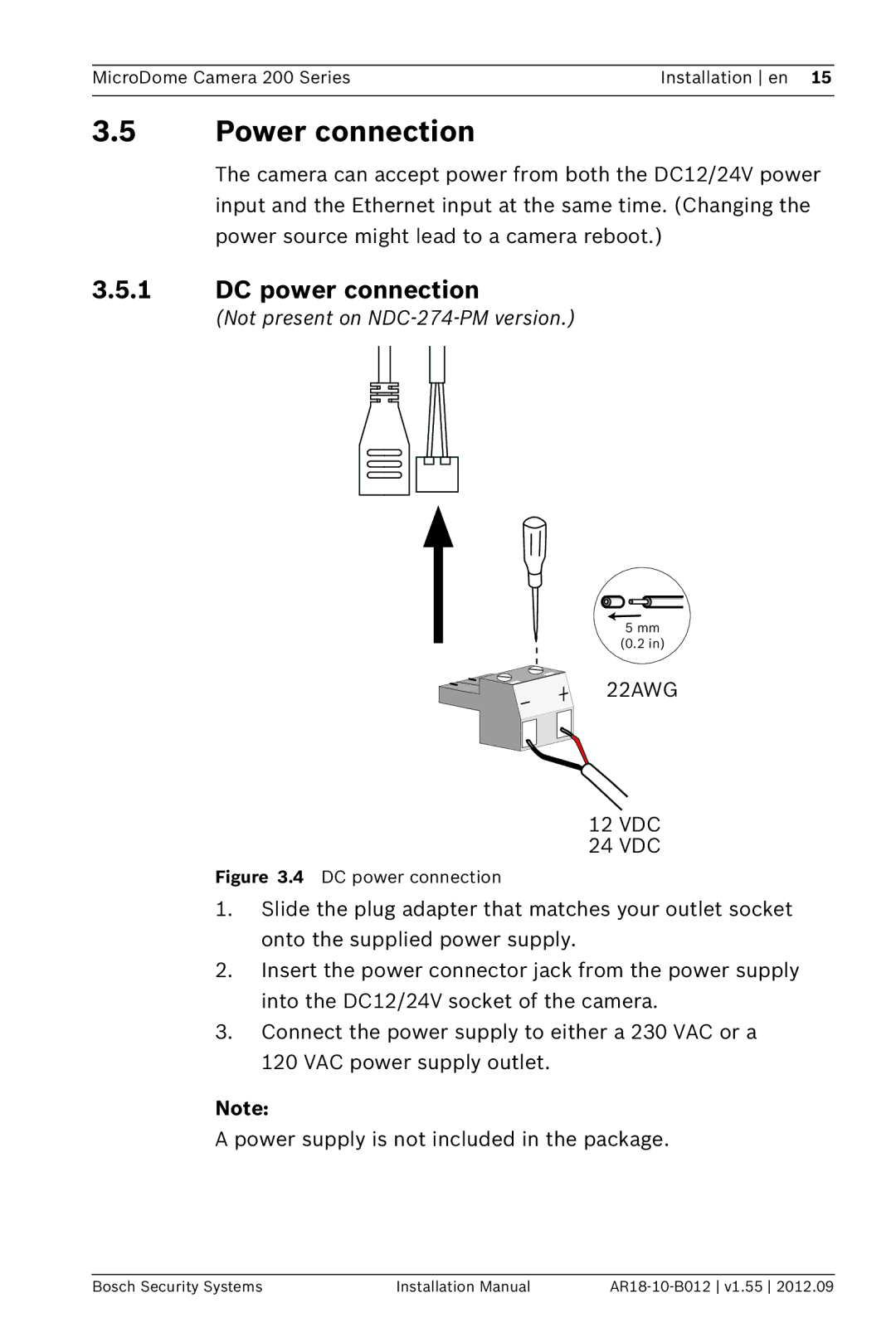 Bosch Appliances NDC-274-PM, NDC-284-PT, NDC-274-PT installation manual Power connection, DC power connection 