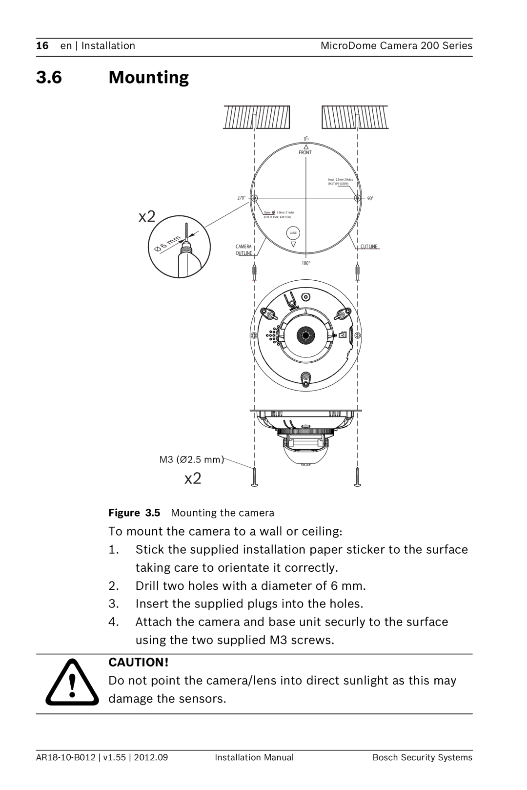 Bosch Appliances NDC-284-PT, NDC-274-PT, NDC-274-PM installation manual Mounting the camera 