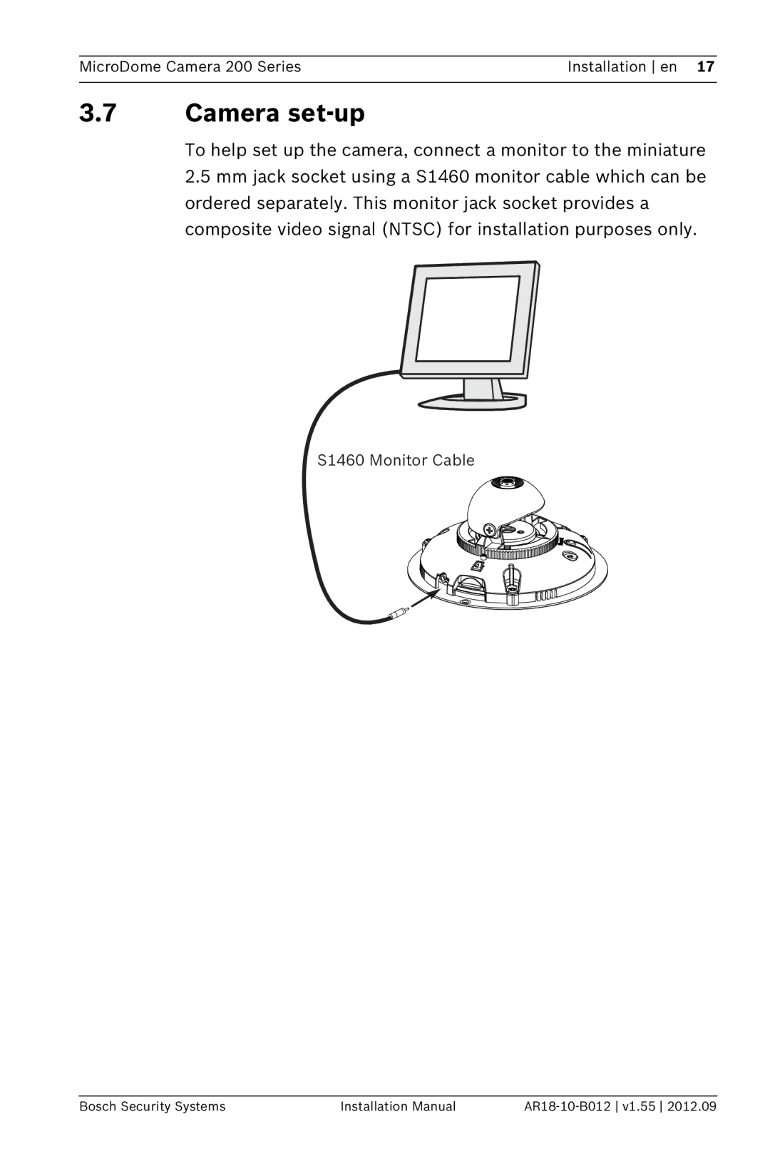 Bosch Appliances NDC-274-PT, NDC-284-PT, NDC-274-PM installation manual Camera set-up, S1460 Monitor Cable 