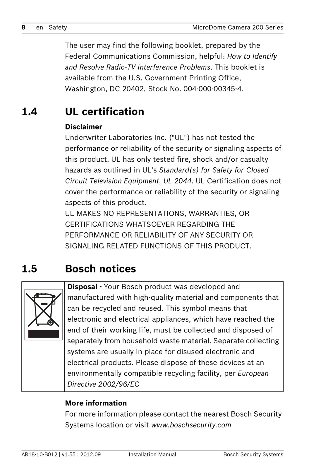 Bosch Appliances NDC-284-PT, NDC-274-PT, NDC-274-PM UL certification, Bosch notices, Disclaimer, More information 