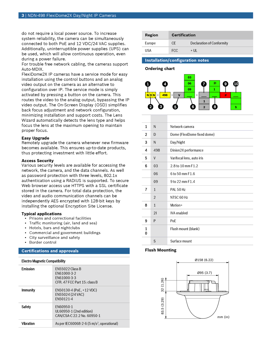 Bosch Appliances NDN-498 manual Certifications and approvals, Installation/configuration notes 