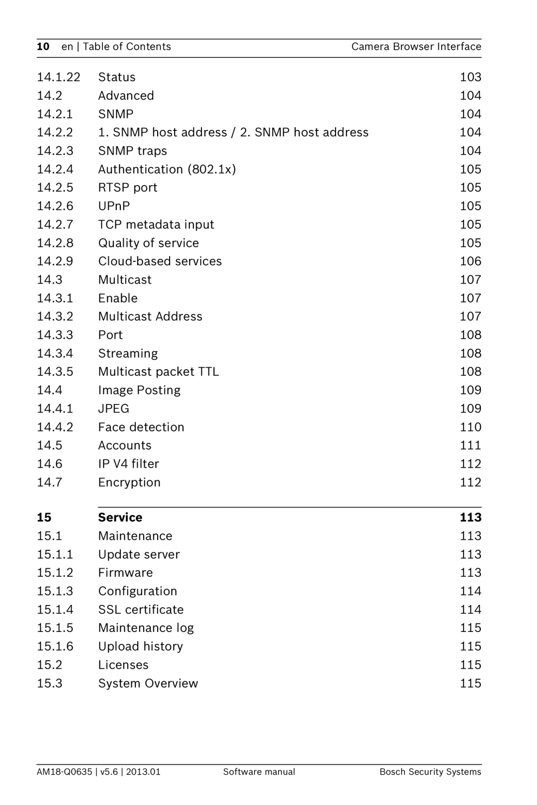 Bosch Appliances NDN-733, NBN-733 software manual Snmp, Service 113 