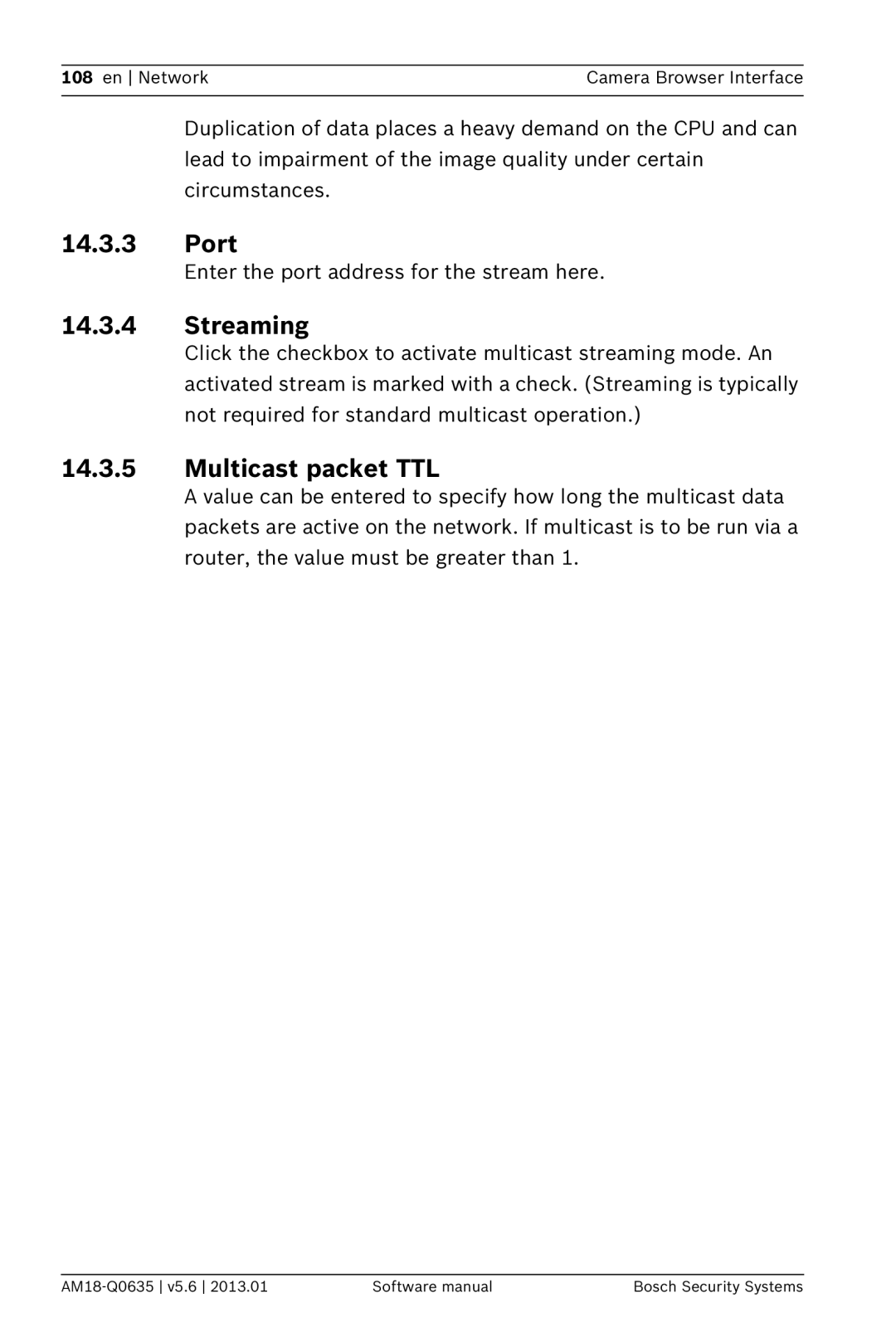 Bosch Appliances NBN-733, NDN-733 software manual Port, Streaming, Multicast packet TTL 