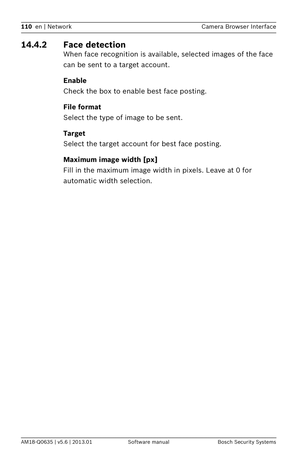 Bosch Appliances NBN-733, NDN-733 software manual Face detection, Enable, File format, Maximum image width px 