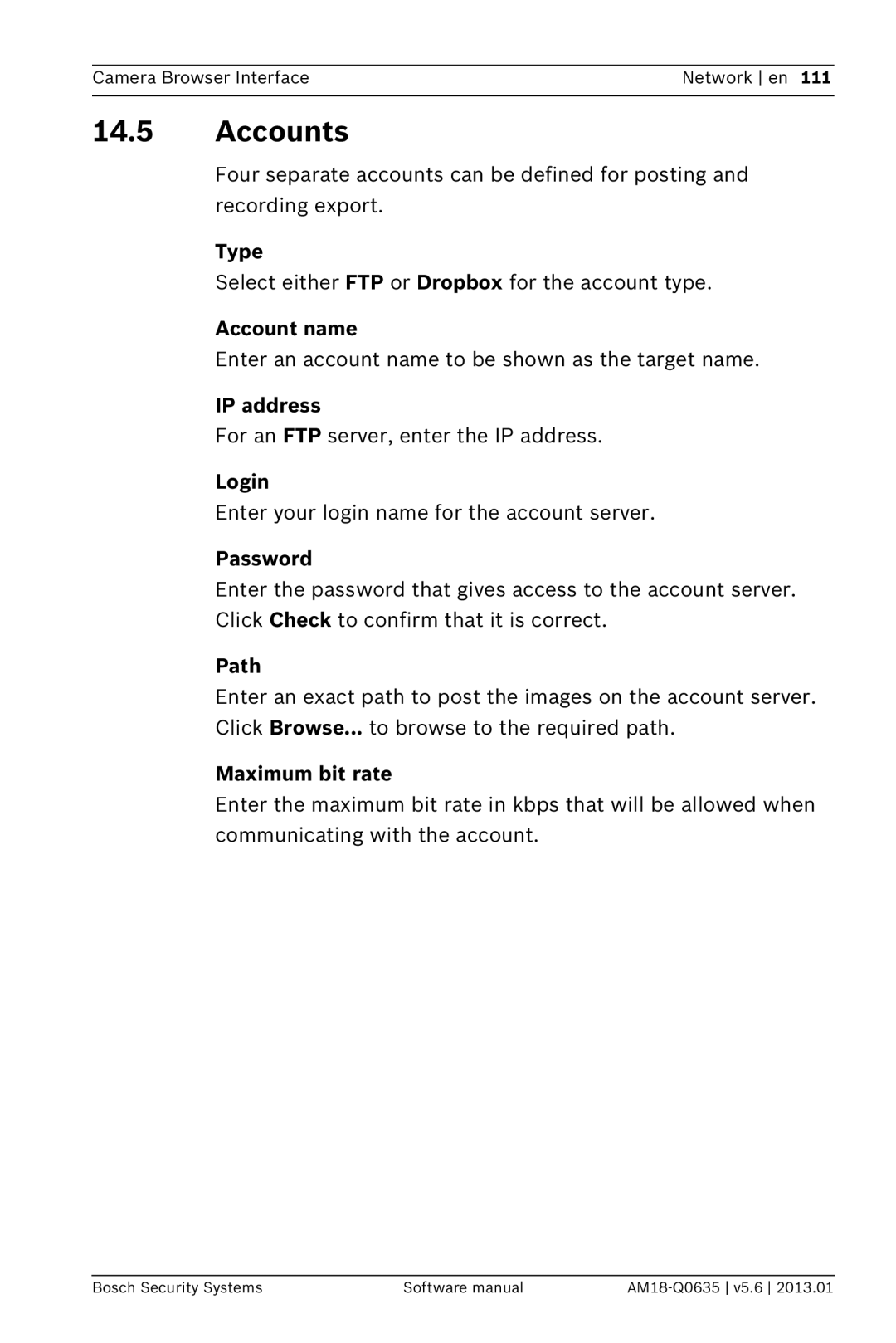 Bosch Appliances NDN-733, NBN-733 software manual Accounts 