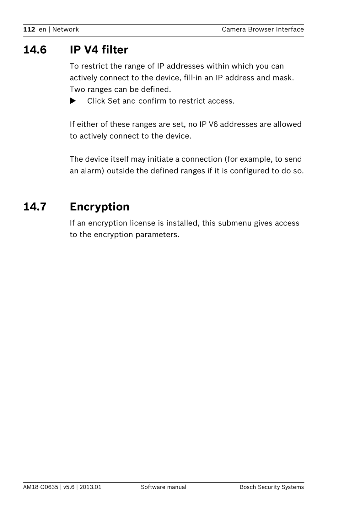 Bosch Appliances NBN-733, NDN-733 software manual IP V4 filter, Encryption 