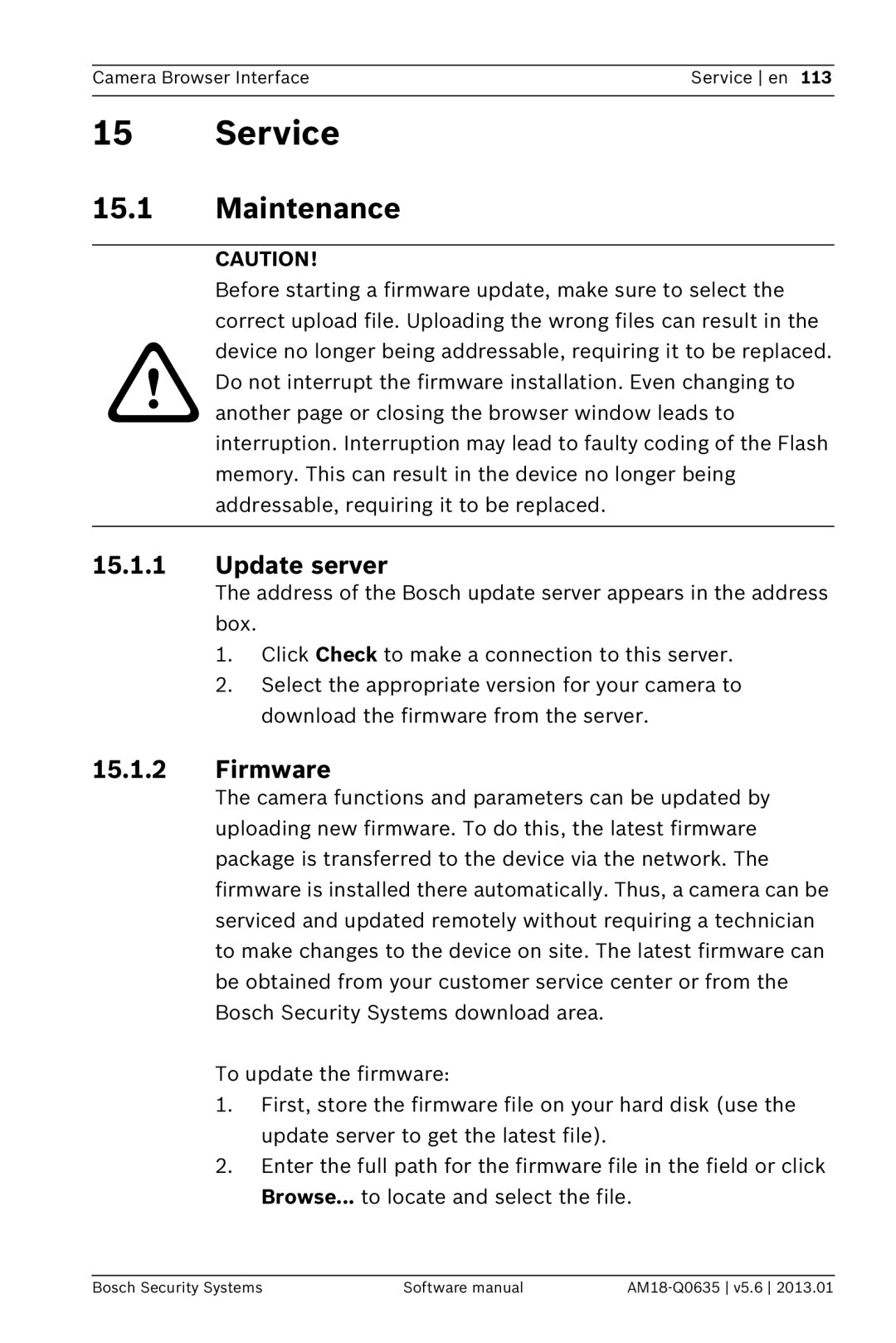 Bosch Appliances NDN-733, NBN-733 software manual Service, Maintenance, Update server, Firmware 