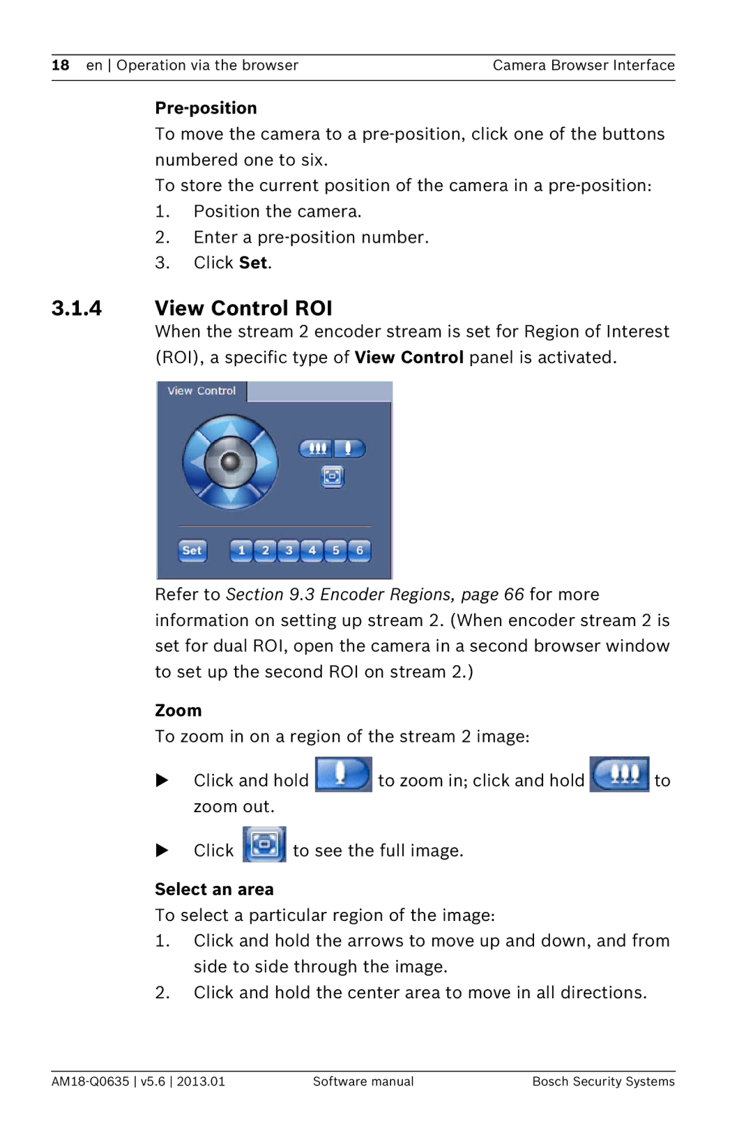 Bosch Appliances NBN-733, NDN-733 software manual View Control ROI, Pre-position, Zoom, Select an area 