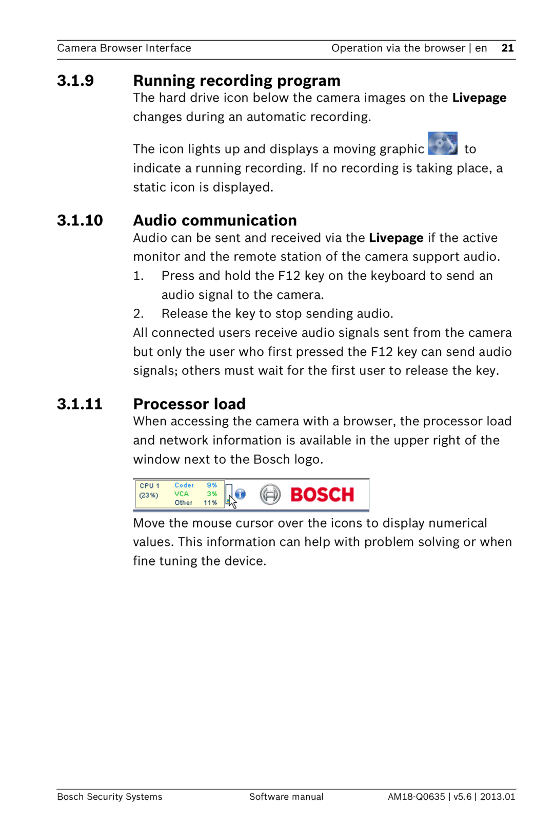 Bosch Appliances NDN-733, NBN-733 software manual Running recording program, Audio communication, Processor load 