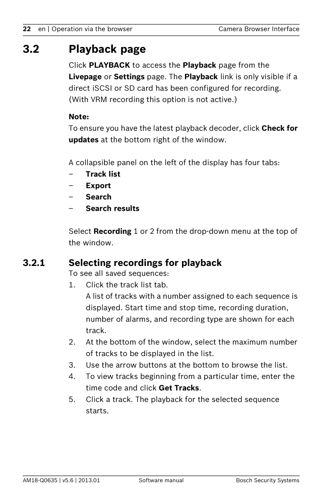 Bosch Appliances NBN-733, NDN-733 Playback, Selecting recordings for playback, Track list Export Search Search results 