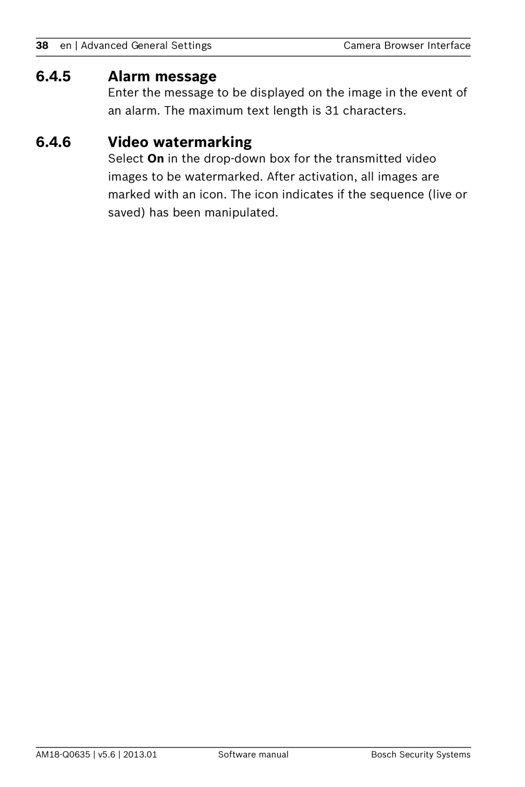 Bosch Appliances NBN-733, NDN-733 software manual Alarm message, Video watermarking 