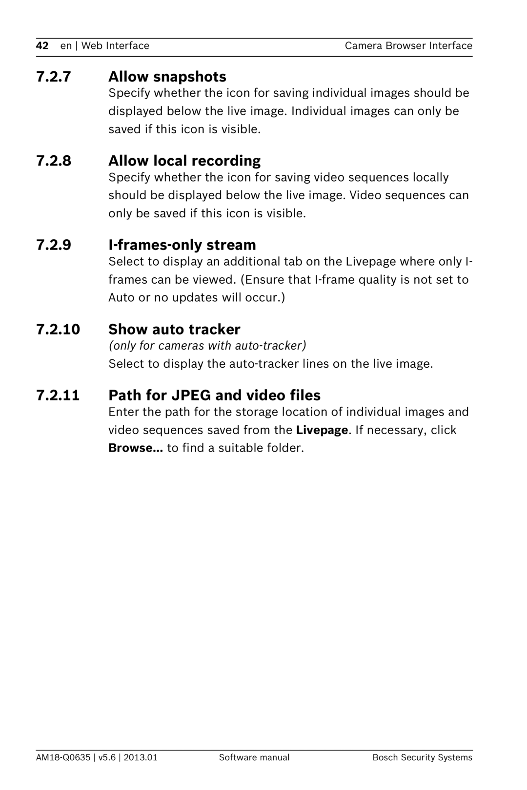 Bosch Appliances NBN-733, NDN-733 Allow snapshots, Allow local recording, Frames-only stream, Show auto tracker 