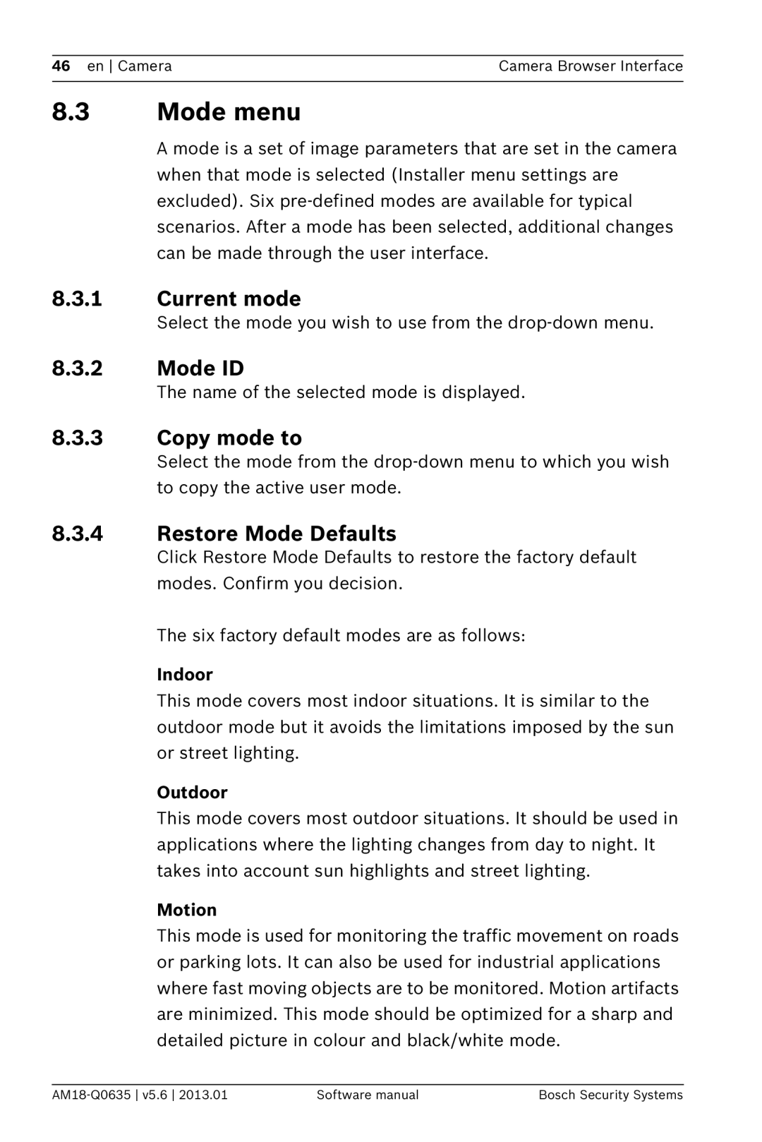 Bosch Appliances NBN-733, NDN-733 software manual Mode menu, Current mode, Mode ID, Copy mode to, Restore Mode Defaults 