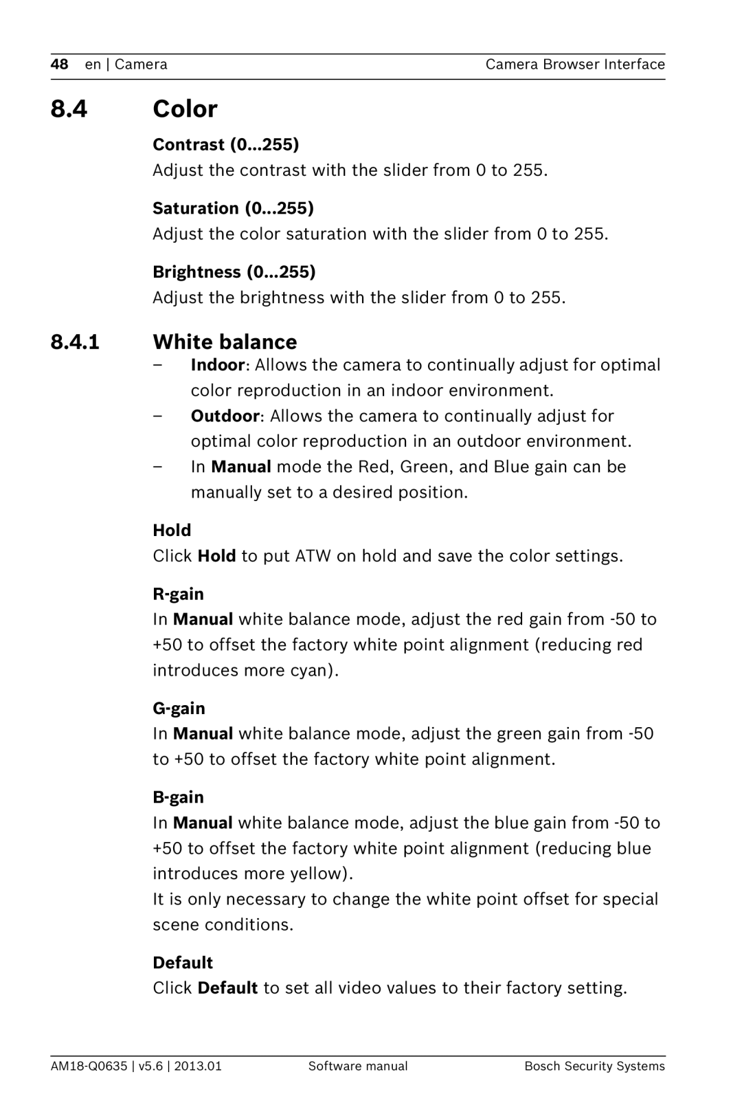 Bosch Appliances NBN-733, NDN-733 software manual Color, White balance 