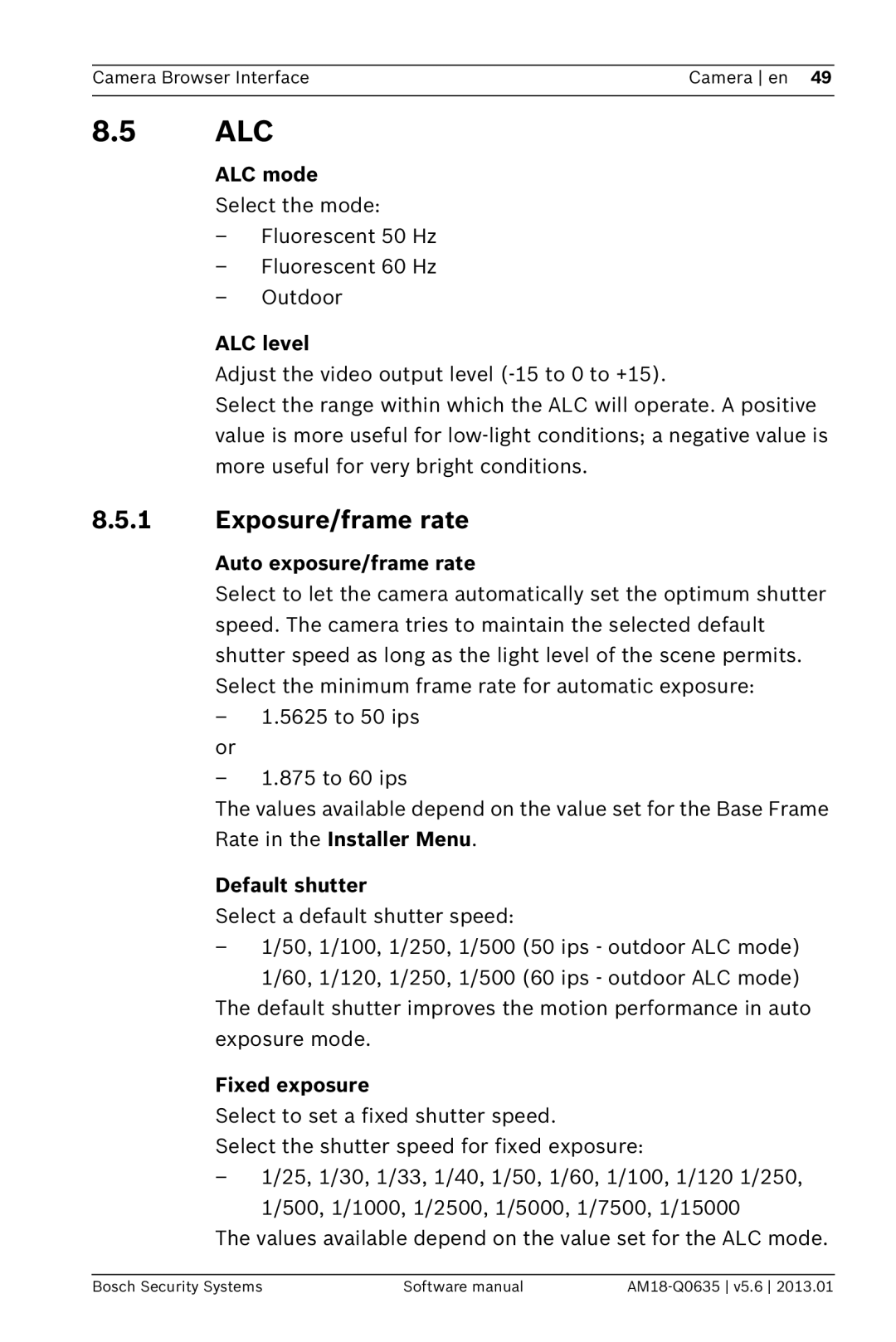 Bosch Appliances NDN-733, NBN-733 software manual Alc, Exposure/frame rate 