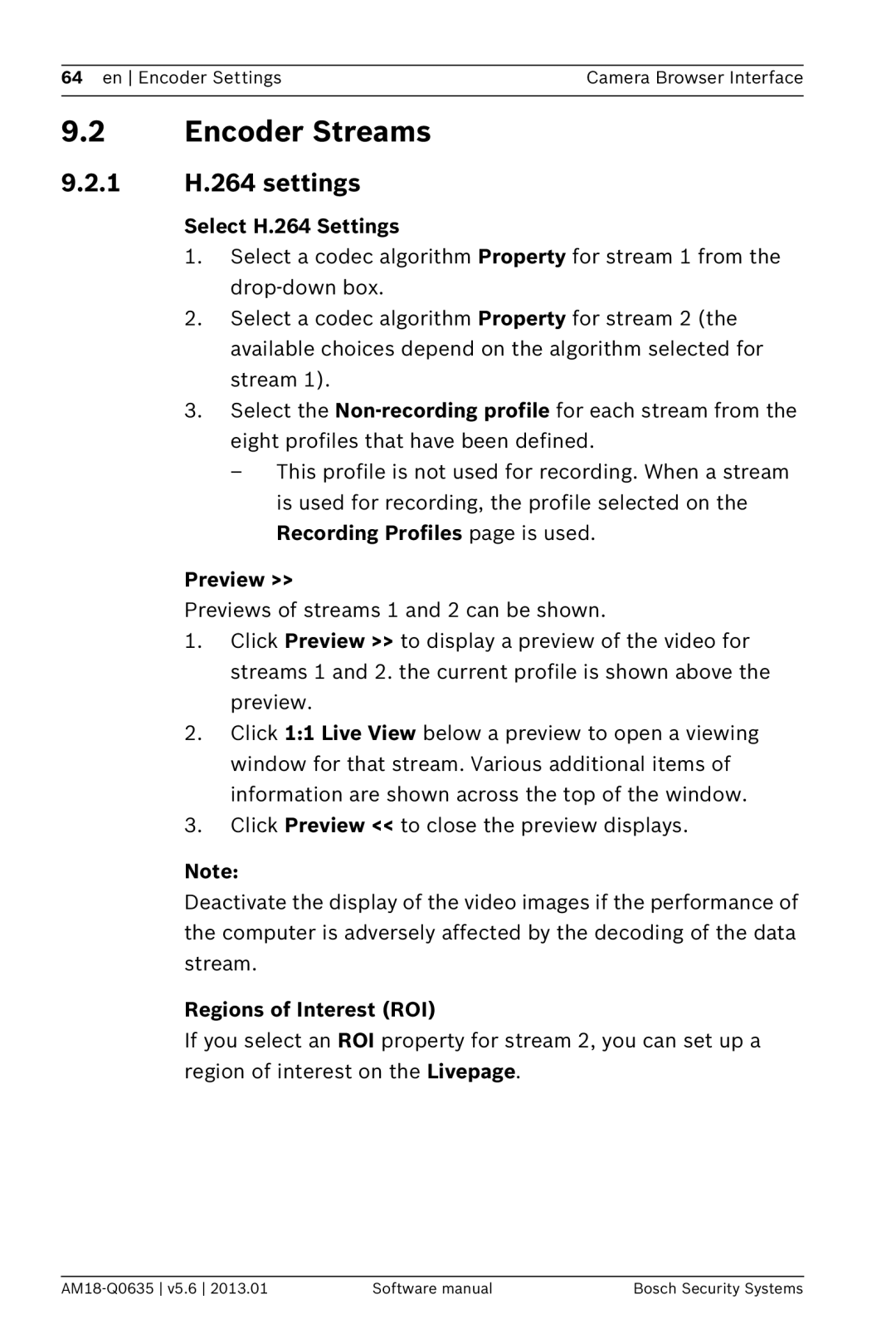 Bosch Appliances NDN-733 Encoder Streams, 1 H.264 settings, Select H.264 Settings, Preview, Regions of Interest ROI 