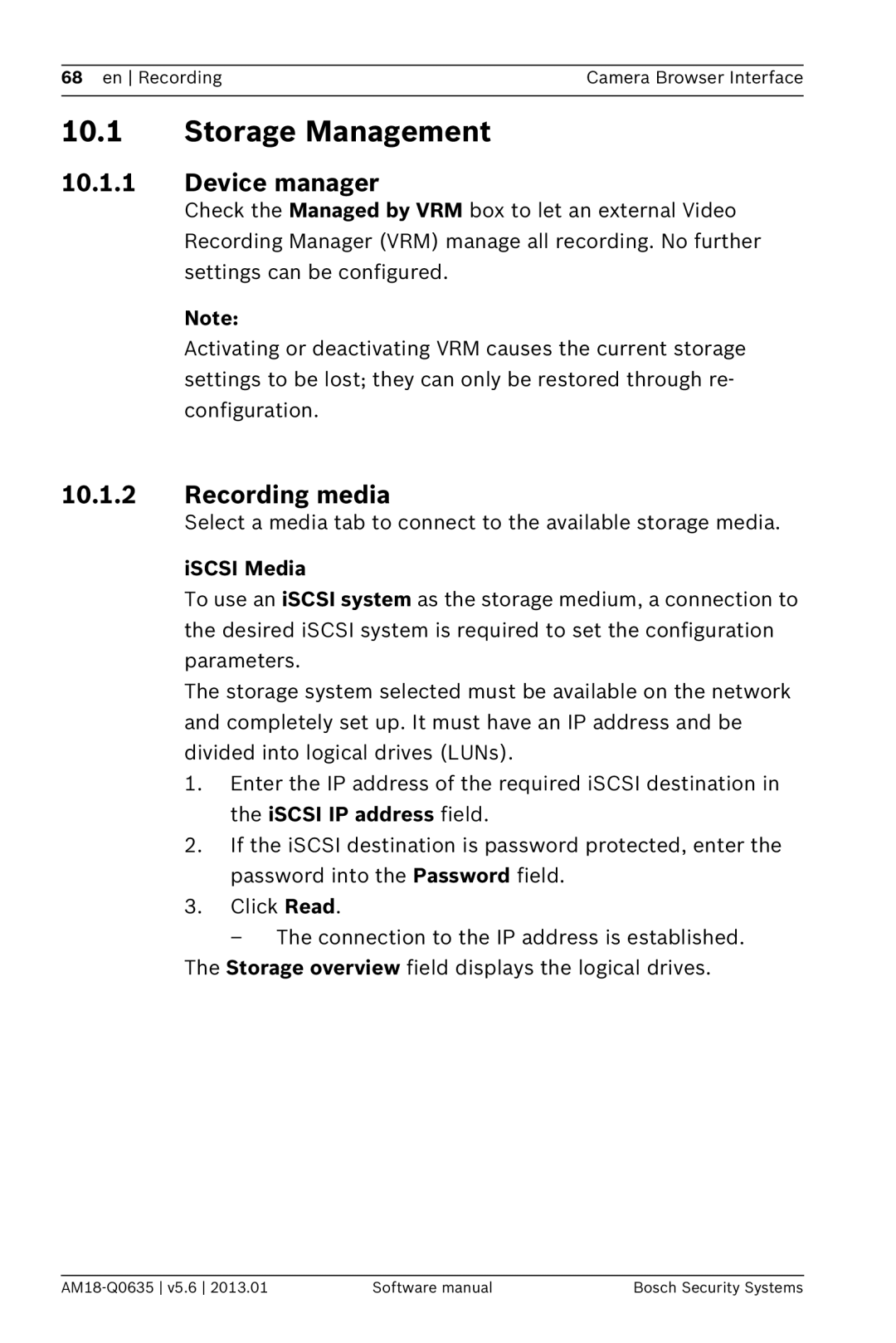 Bosch Appliances NDN-733, NBN-733 software manual Storage Management, Device manager, Recording media, ISCSI Media 