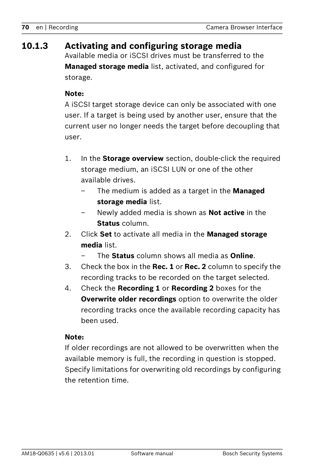 Bosch Appliances NDN-733, NBN-733 software manual Activating and configuring storage media 