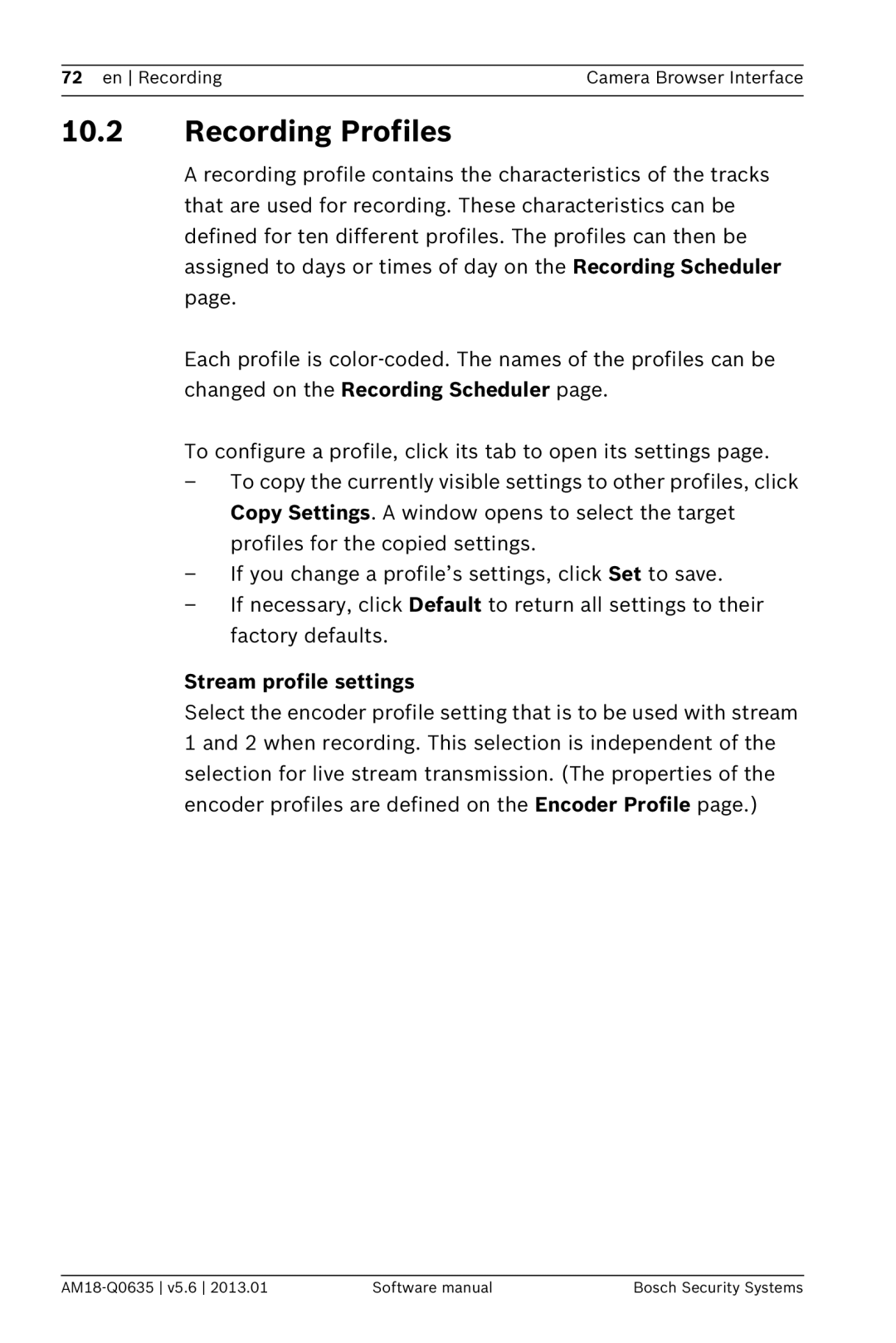 Bosch Appliances NDN-733, NBN-733 software manual Recording Profiles, Stream profile settings 