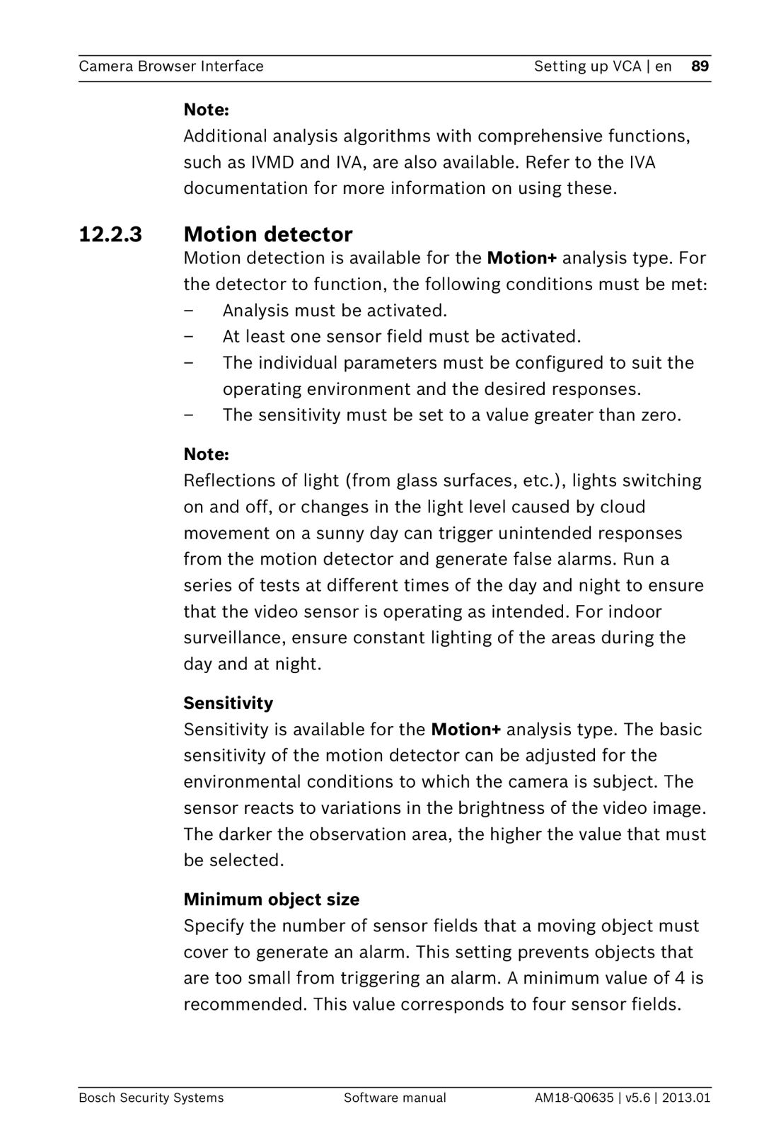 Bosch Appliances NDN-733, NBN-733 software manual Motion detector, Sensitivity, Minimum object size 