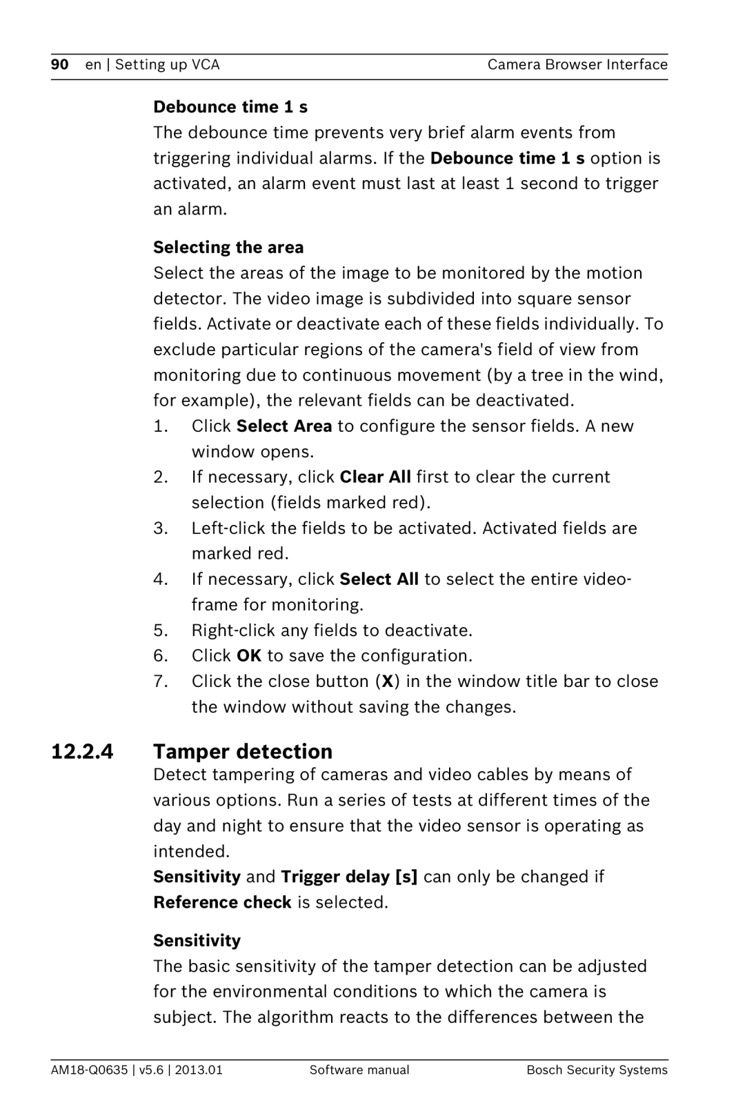 Bosch Appliances NBN-733, NDN-733 software manual Tamper detection, Debounce time 1 s, Selecting the area 