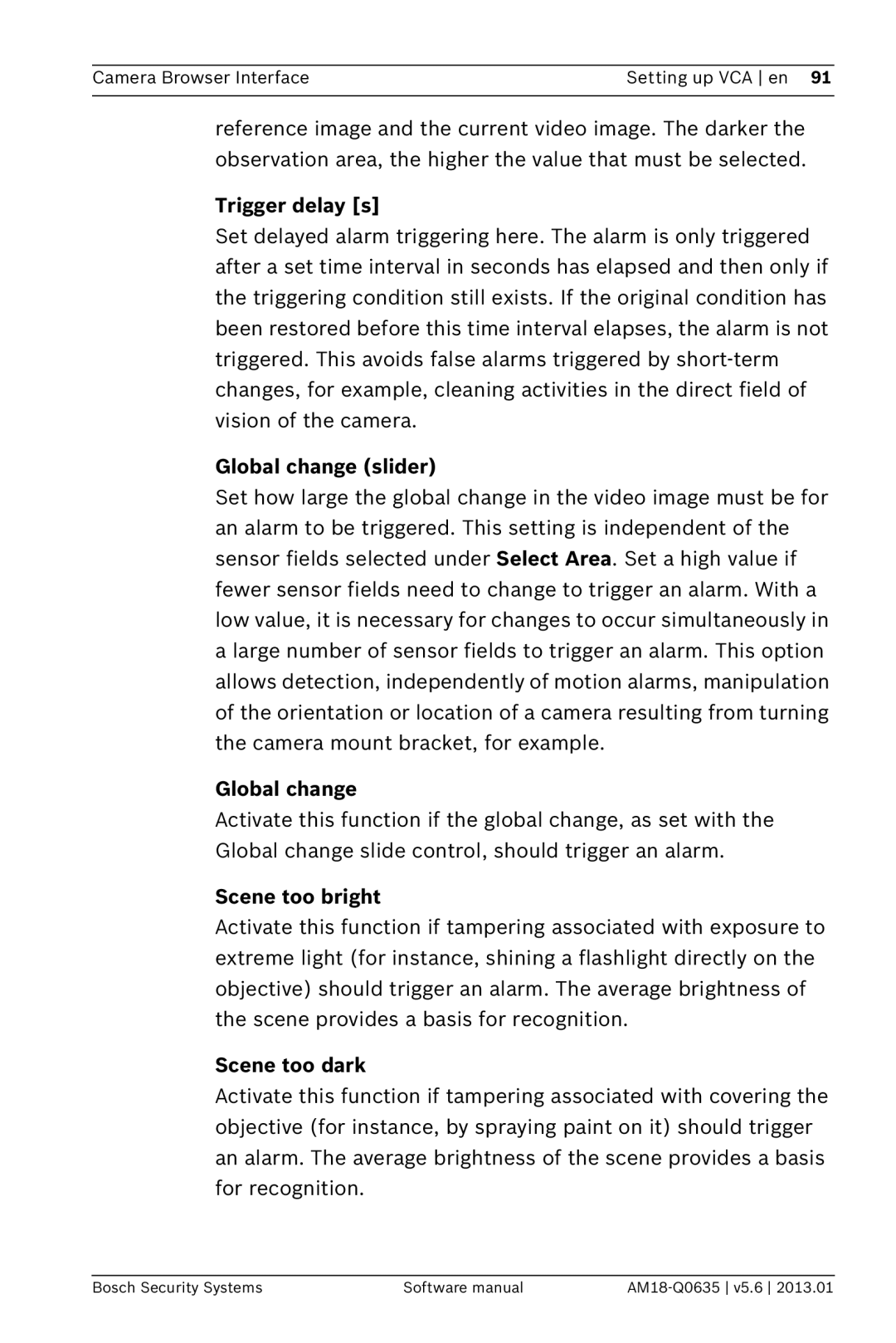 Bosch Appliances NDN-733, NBN-733 software manual Trigger delay s, Global change slider, Scene too bright, Scene too dark 