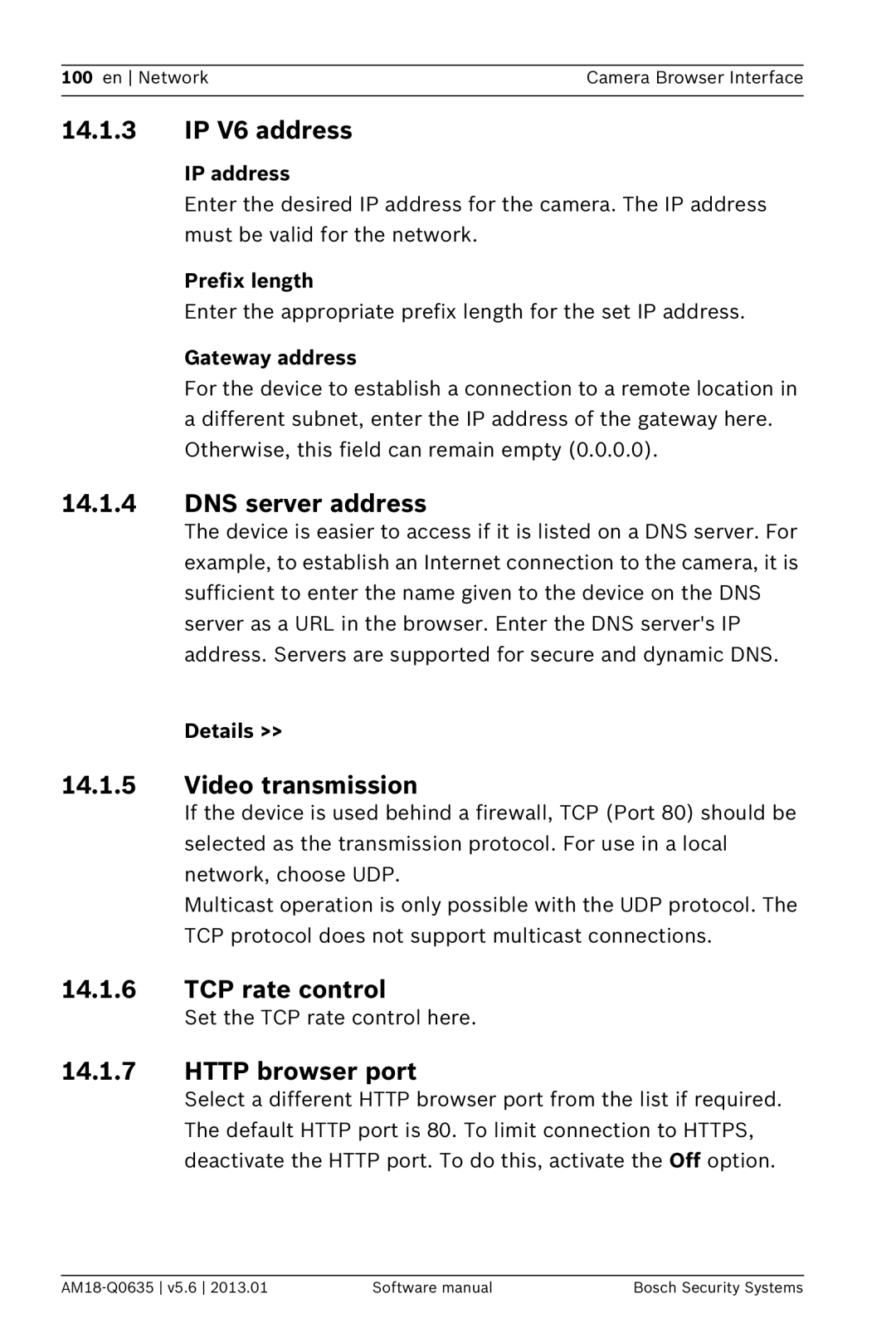 Bosch Appliances NBN-733, NDN-733 software manual IP V6 address, DNS server address, TCP rate control, Http browser port 