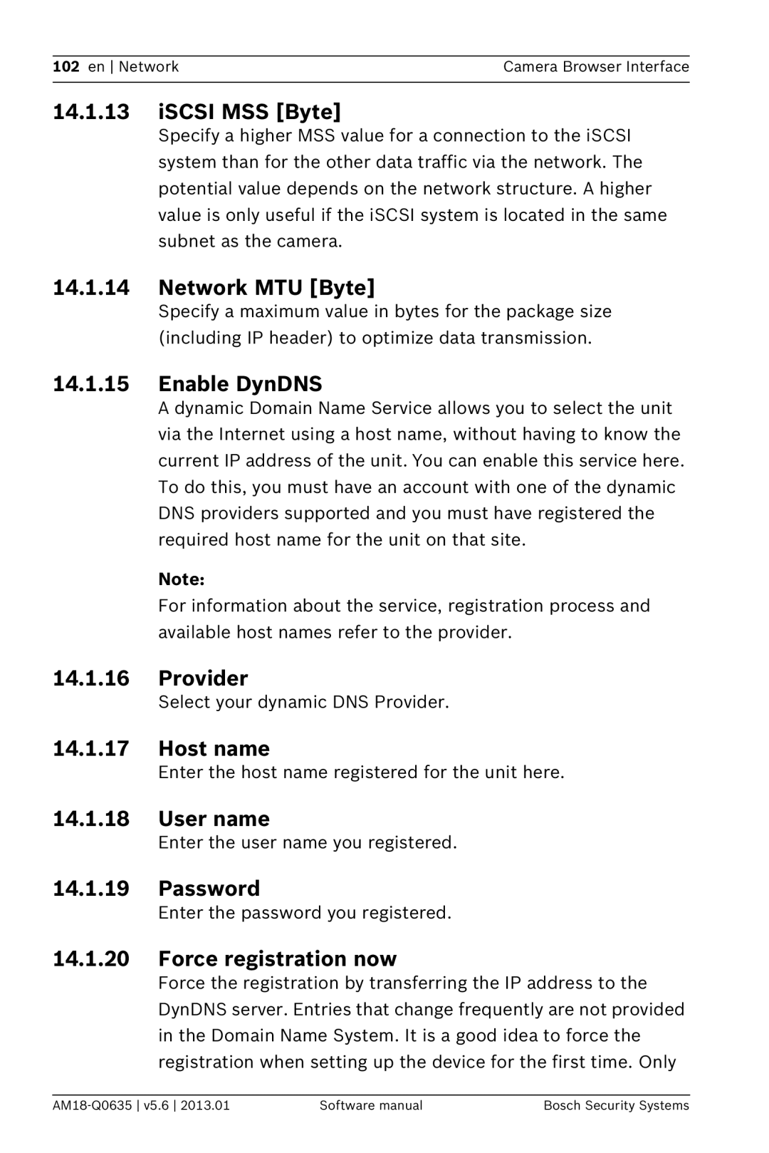 Bosch Appliances NBN-733, NDN-733 ISCSI MSS Byte, Network MTU Byte, Enable DynDNS, Provider, Host name, User name 