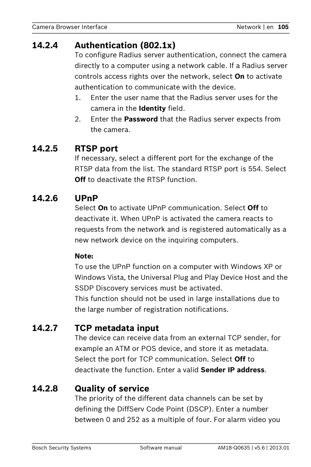 Bosch Appliances NDN-733, NBN-733 software manual Authentication, Rtsp port, UPnP, TCP metadata input, Quality of service 