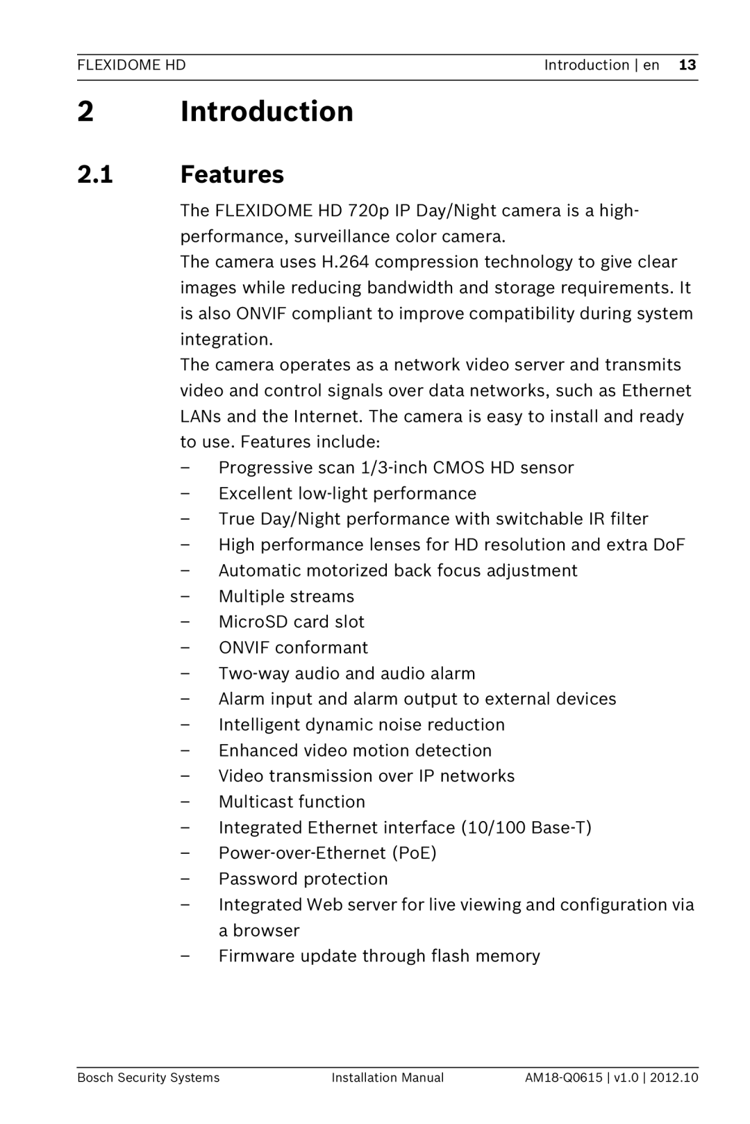 Bosch Appliances NDN-733 installation manual Introduction, Features 