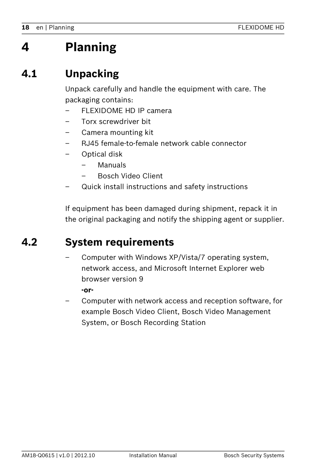 Bosch Appliances NDN-733 installation manual Planning, Unpacking, System requirements 