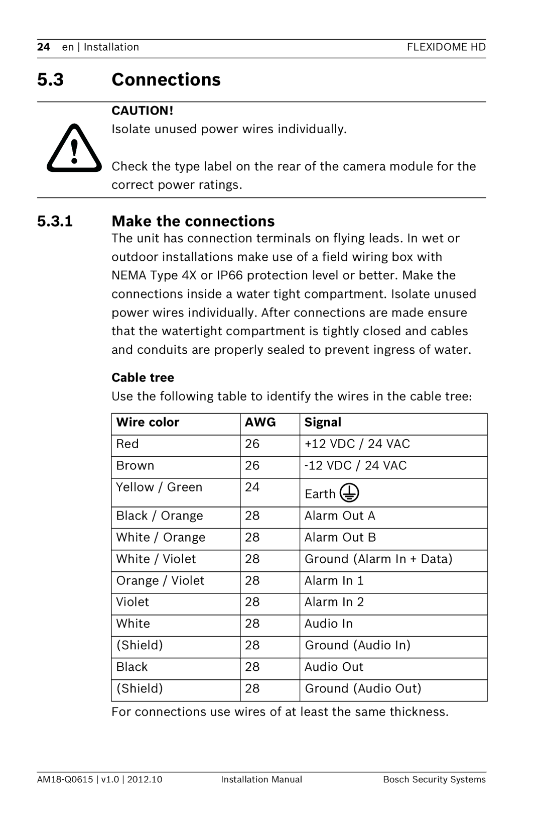 Bosch Appliances NDN-733 installation manual Connections, Make the connections, Cable tree, Wire color, Signal 