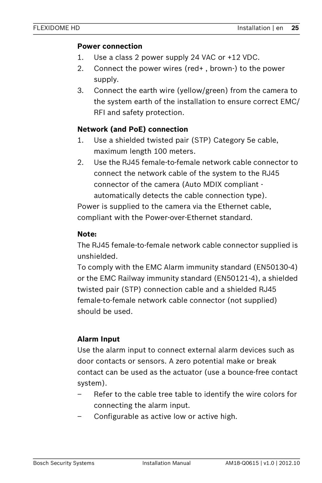 Bosch Appliances NDN-733 installation manual Power connection, Network and PoE connection, Alarm Input 