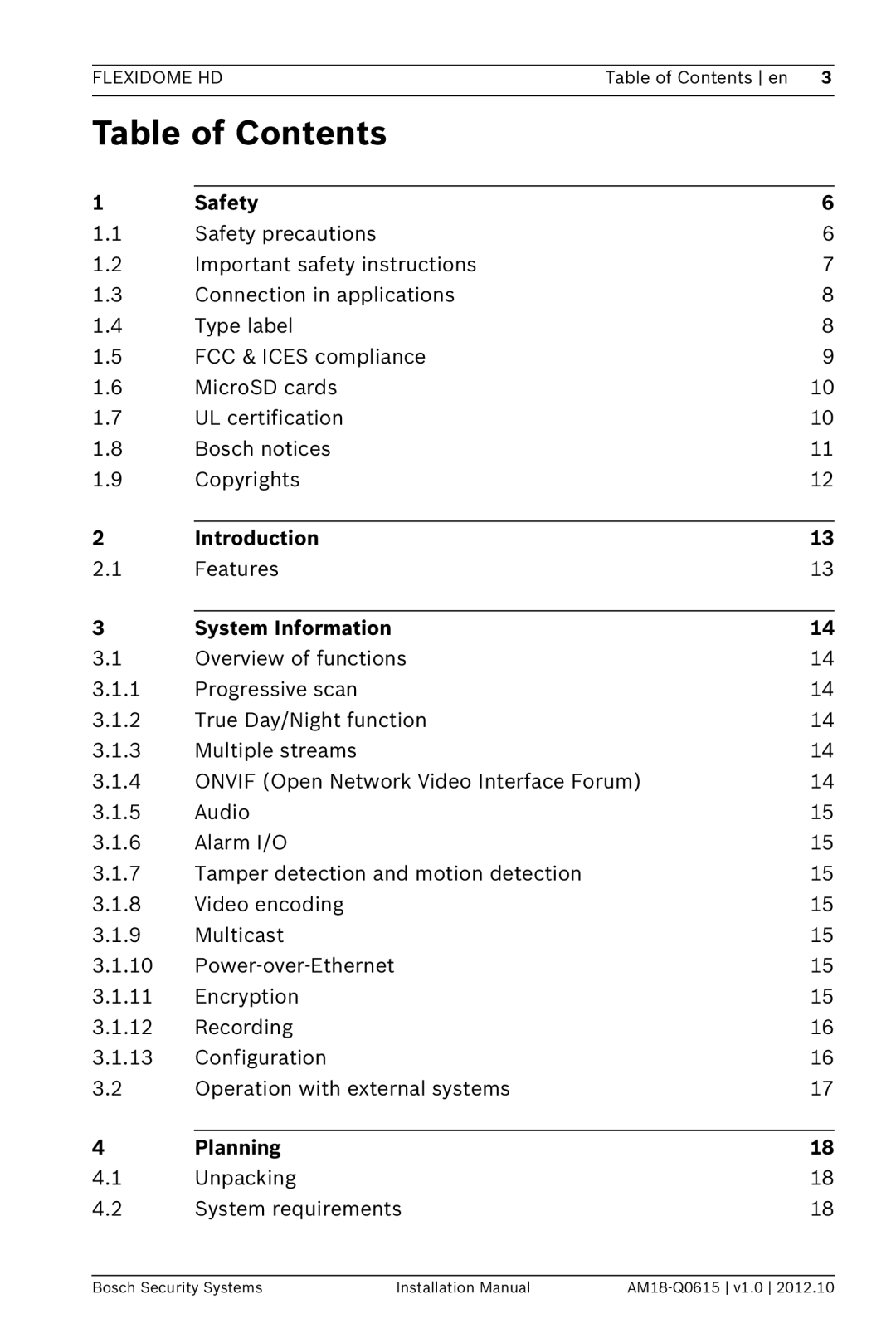 Bosch Appliances NDN-733 installation manual Table of Contents 