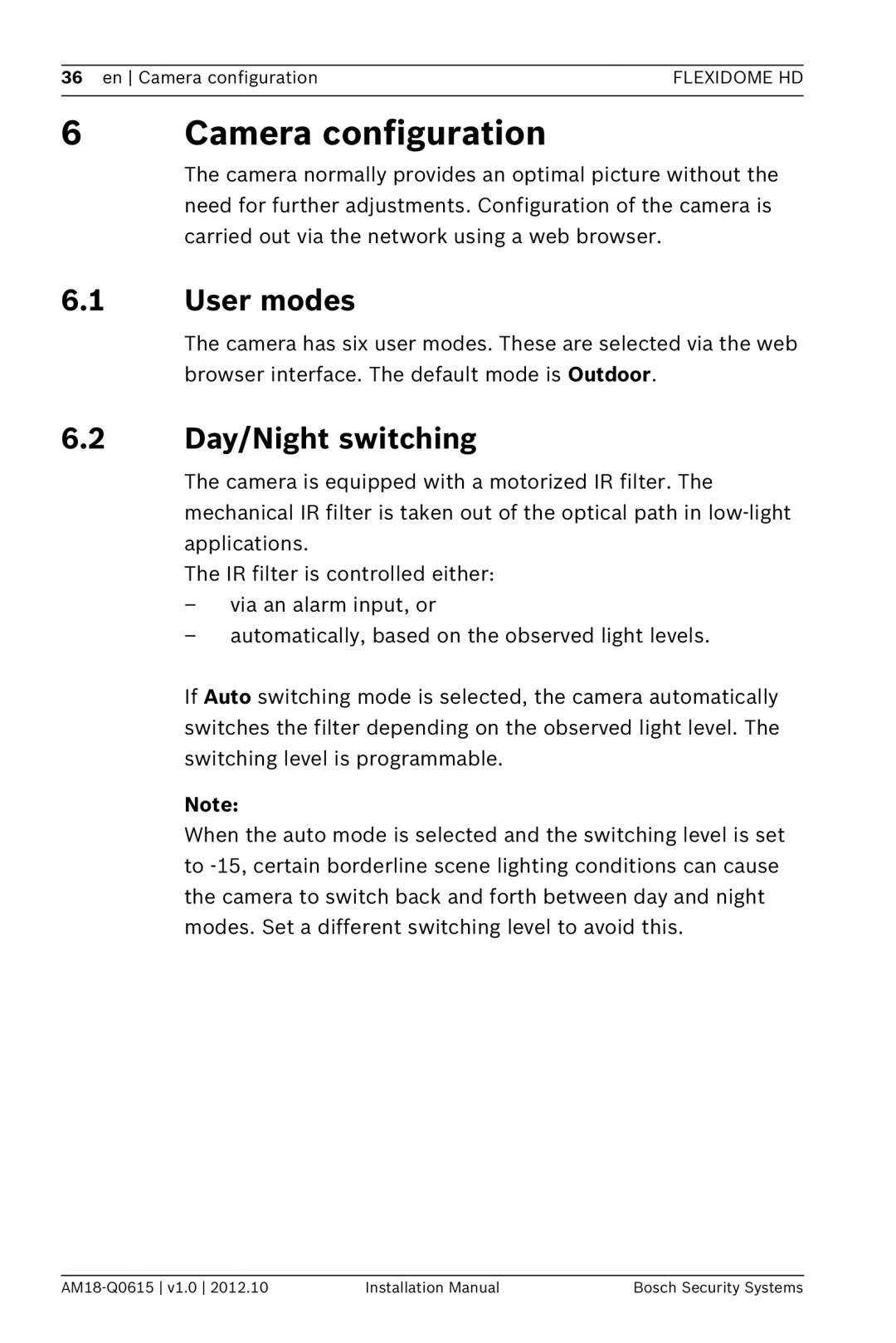 Bosch Appliances NDN-733 installation manual Camera configuration, User modes, Day/Night switching 