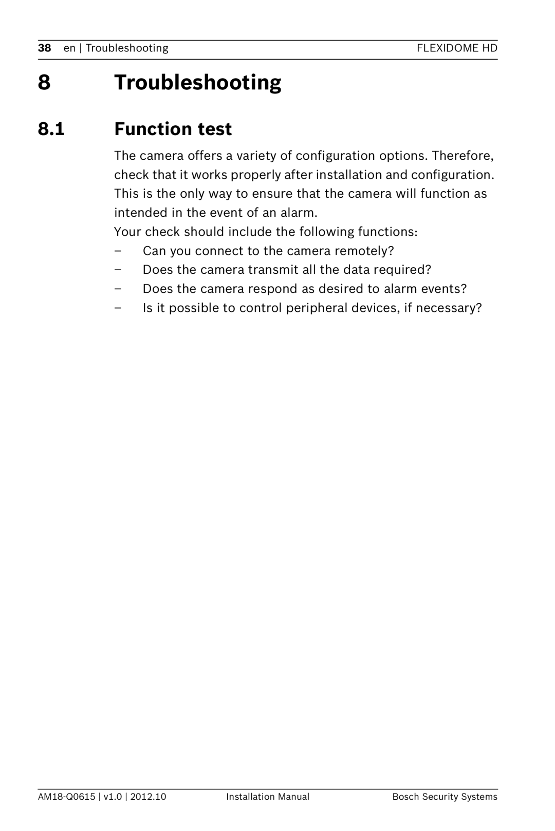 Bosch Appliances NDN-733 installation manual Troubleshooting, Function test 