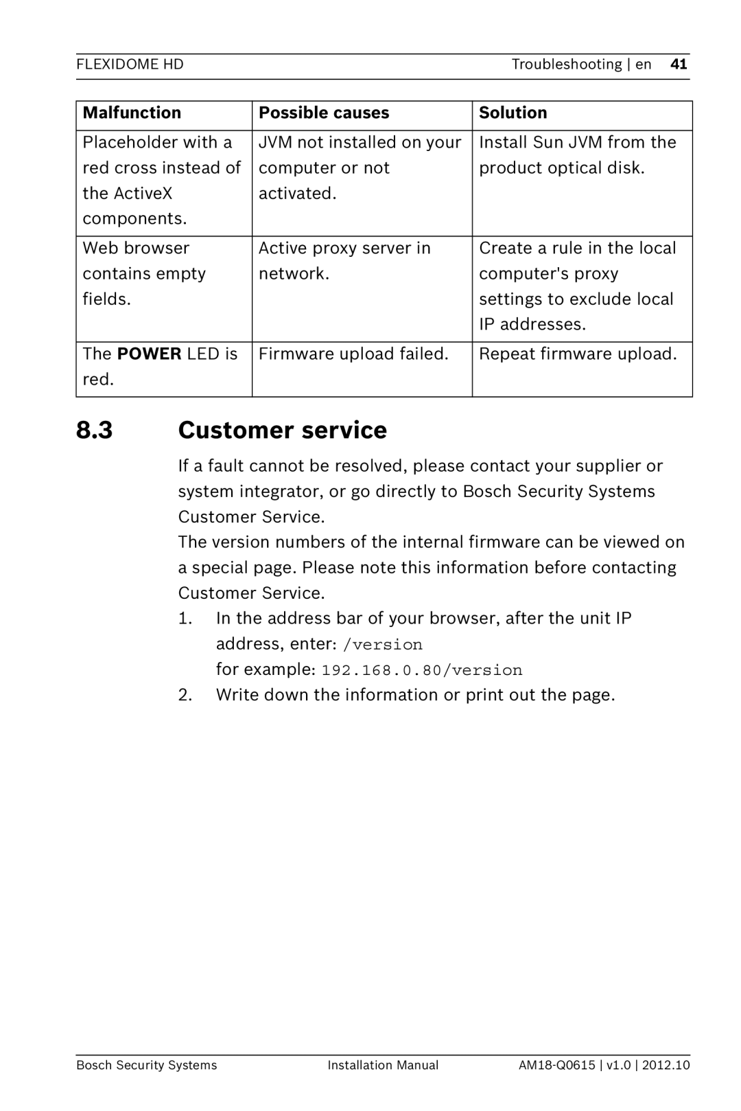 Bosch Appliances NDN-733 installation manual Customer service, For example 192.168.0.80/version 