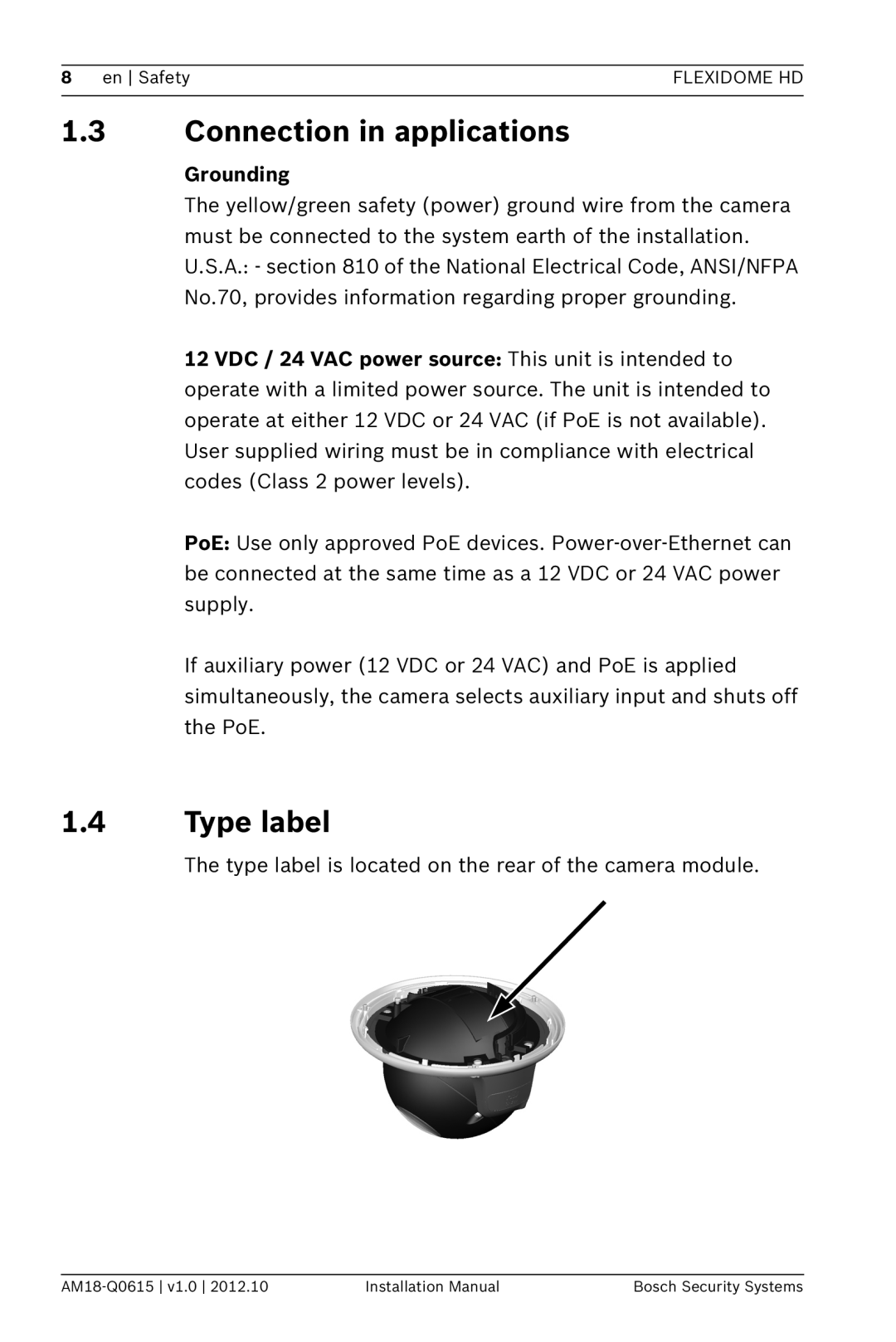 Bosch Appliances NDN-733 installation manual Connection in applications, Type label, Grounding 