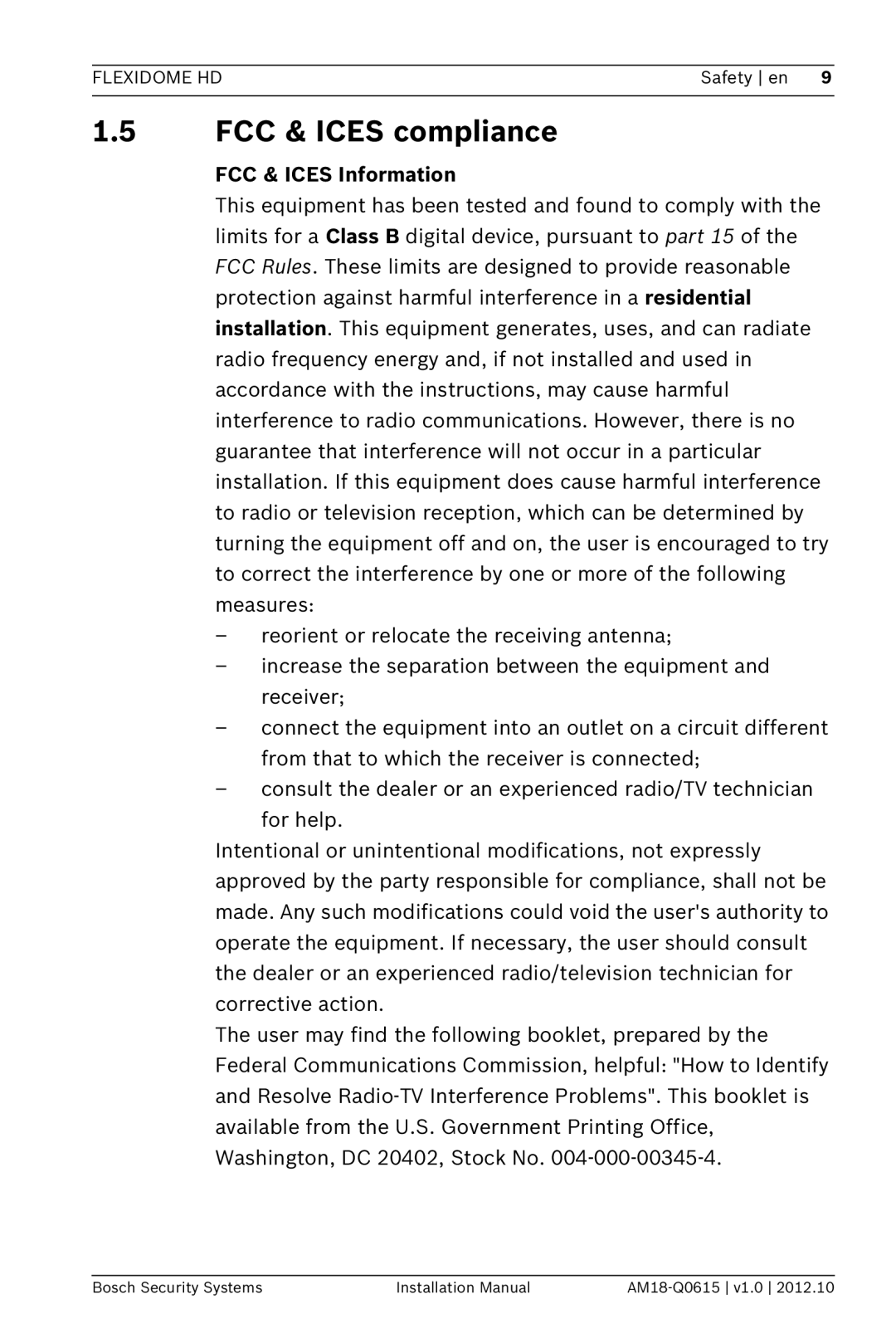 Bosch Appliances NDN-733 installation manual FCC & Ices compliance, FCC & Ices Information 