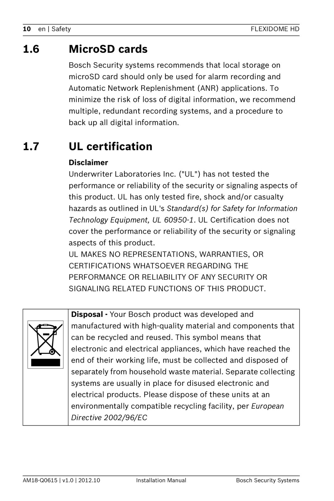 Bosch Appliances NDN-733 installation manual 1.6MicroSD cards, 1.7UL certification, Disclaimer 