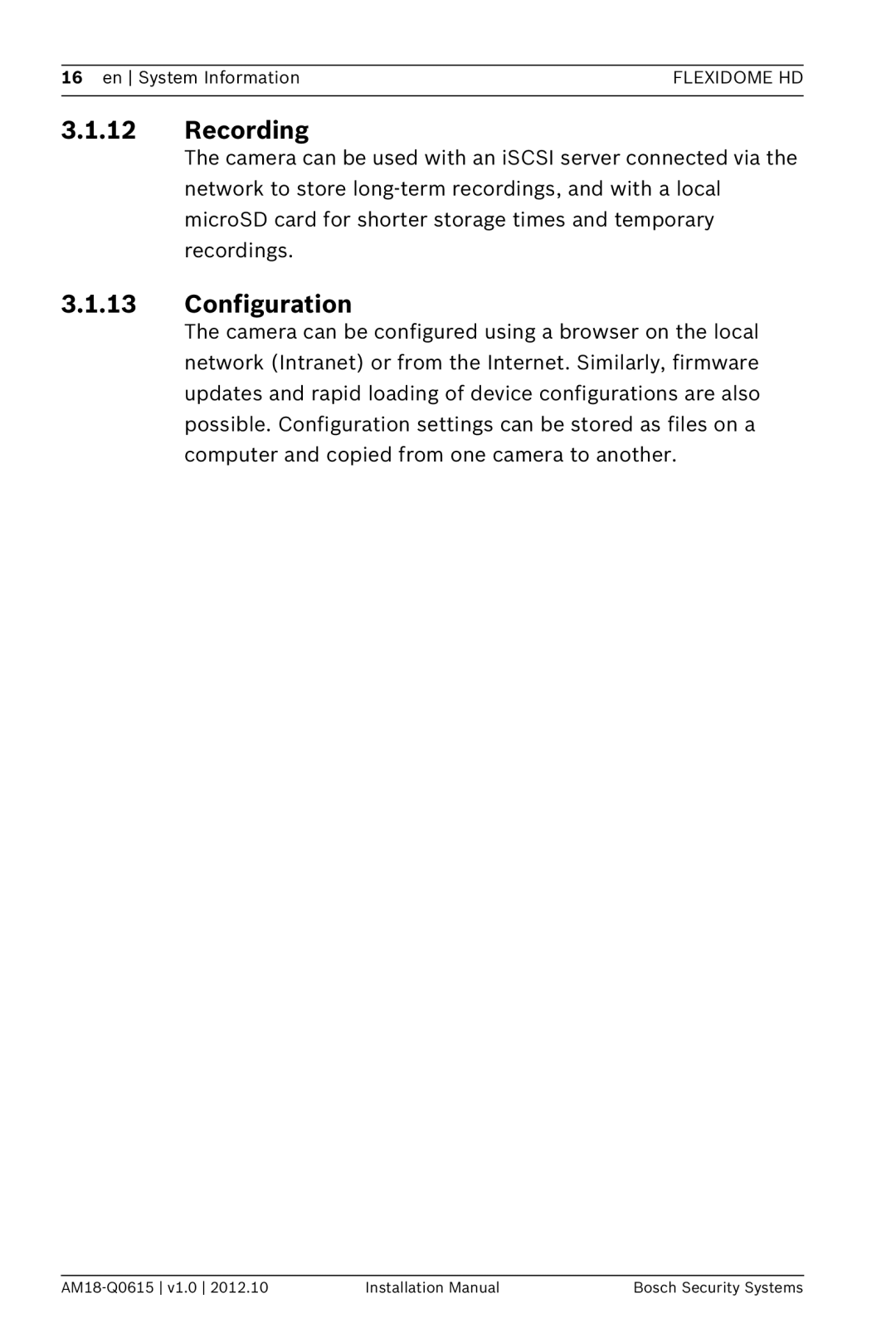 Bosch Appliances NDN-733 installation manual 3.1.12Recording, 3.1.13Configuration, en System Information, Flexidome Hd 