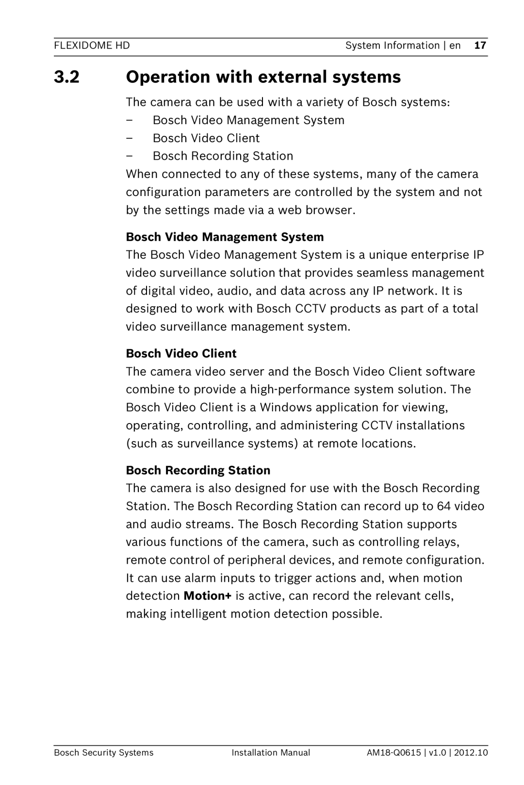 Bosch Appliances NDN-733 3.2Operation with external systems, Bosch Video Management System, Bosch Video Client 