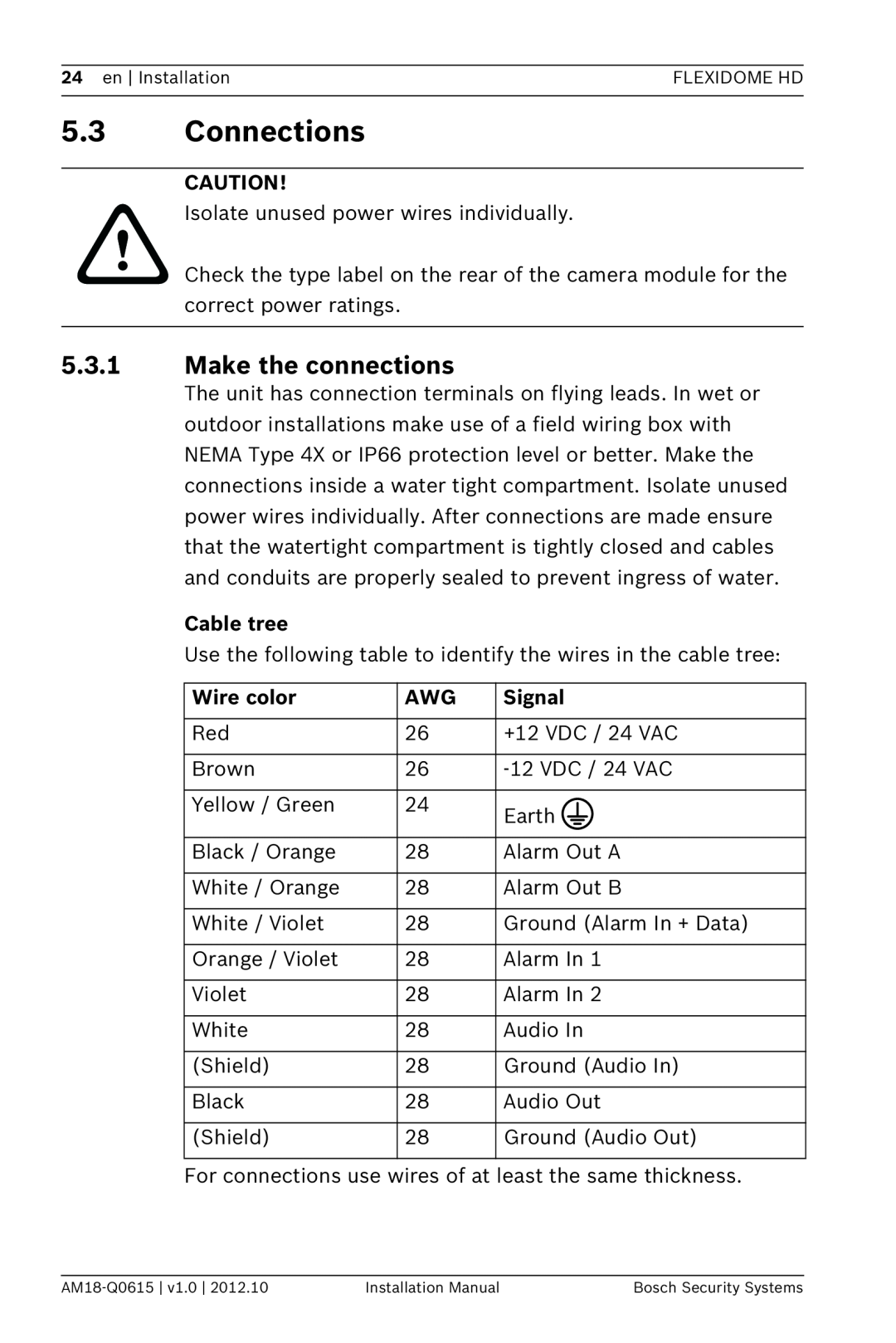 Bosch Appliances NDN-733 installation manual 5.3Connections, 5.3.1Make the connections, Cable tree, Wire color, Signal 