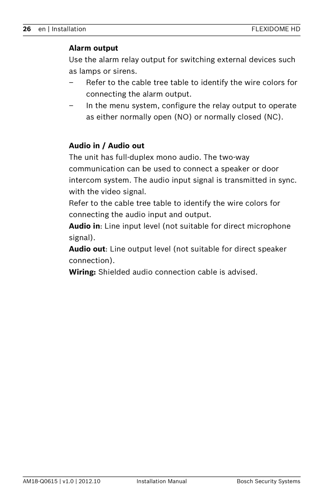 Bosch Appliances NDN-733 installation manual Alarm output, Audio in / Audio out, 26 en | Installation, Flexidome Hd 